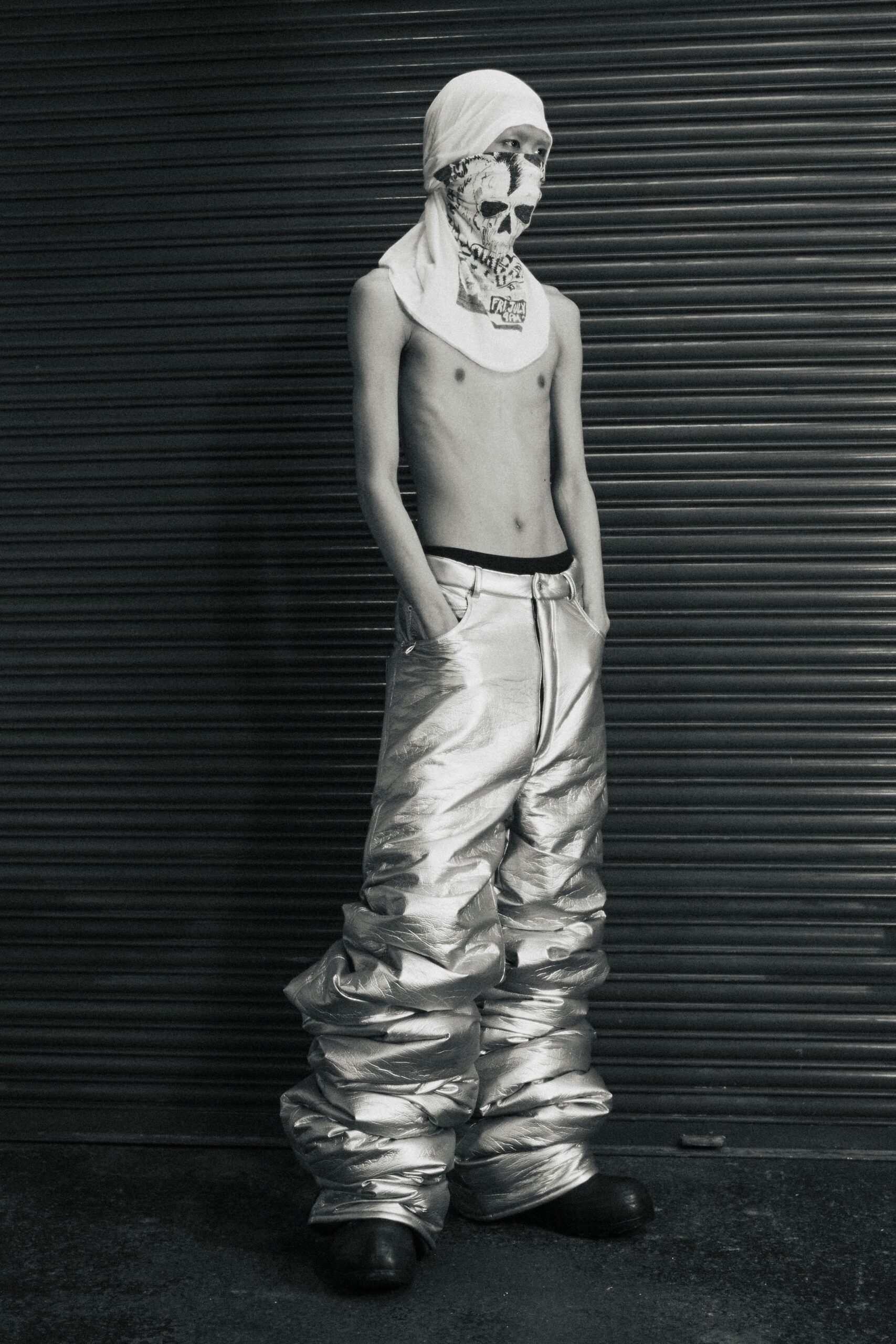 gray vinyl relaxed pleated shiny pants