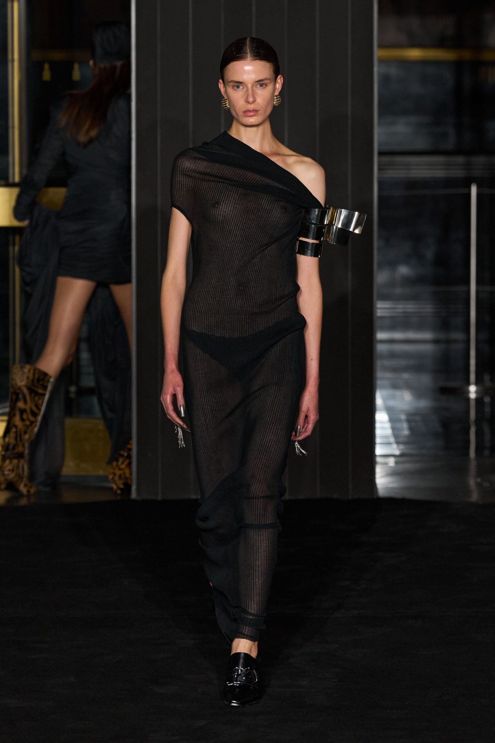 black mesh sleeveless off-shoulder fitted ruched sheer jumpsuit