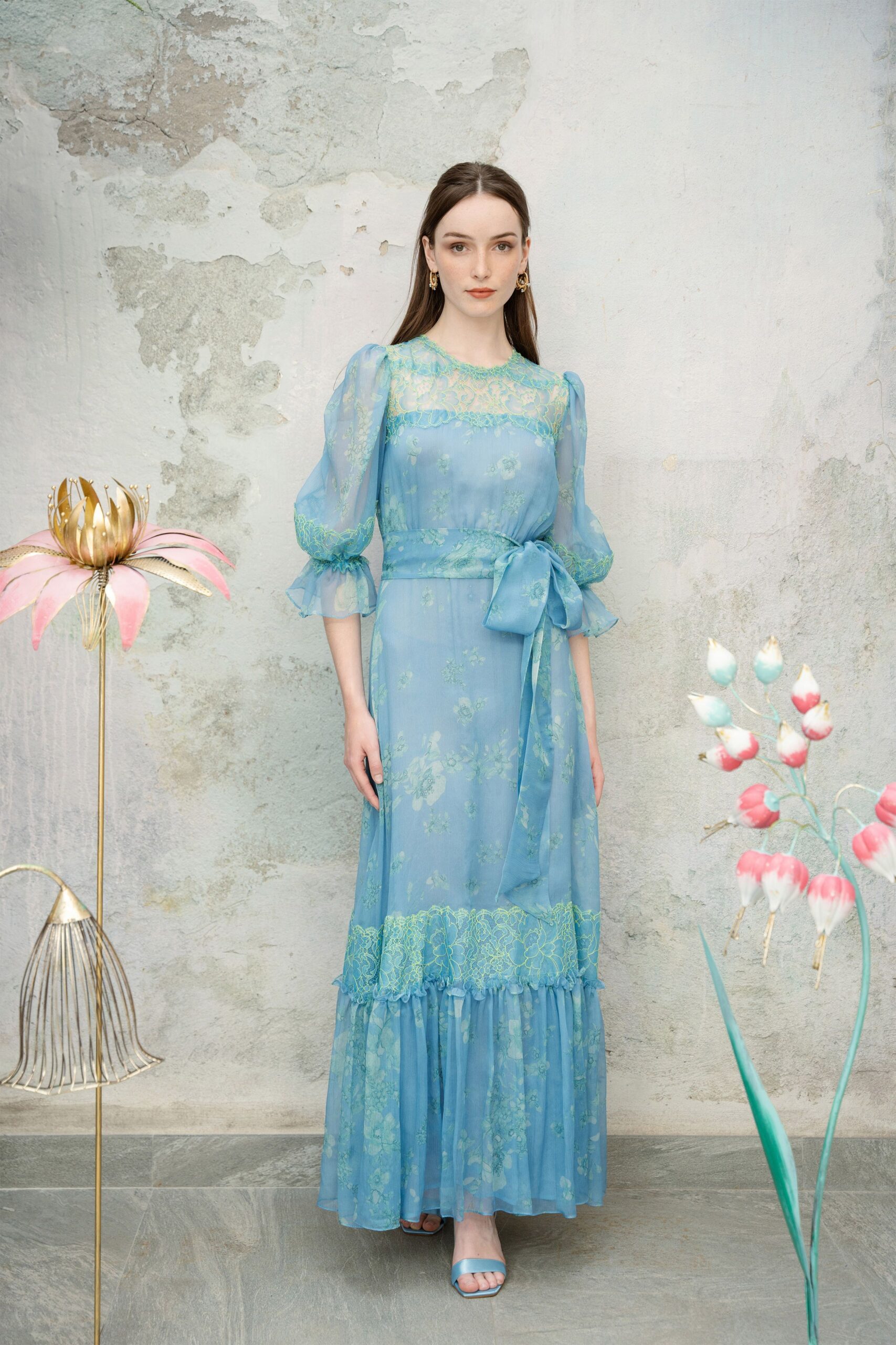 blue chiffon long-sleeve collared fitted floral tiered maxi-dress