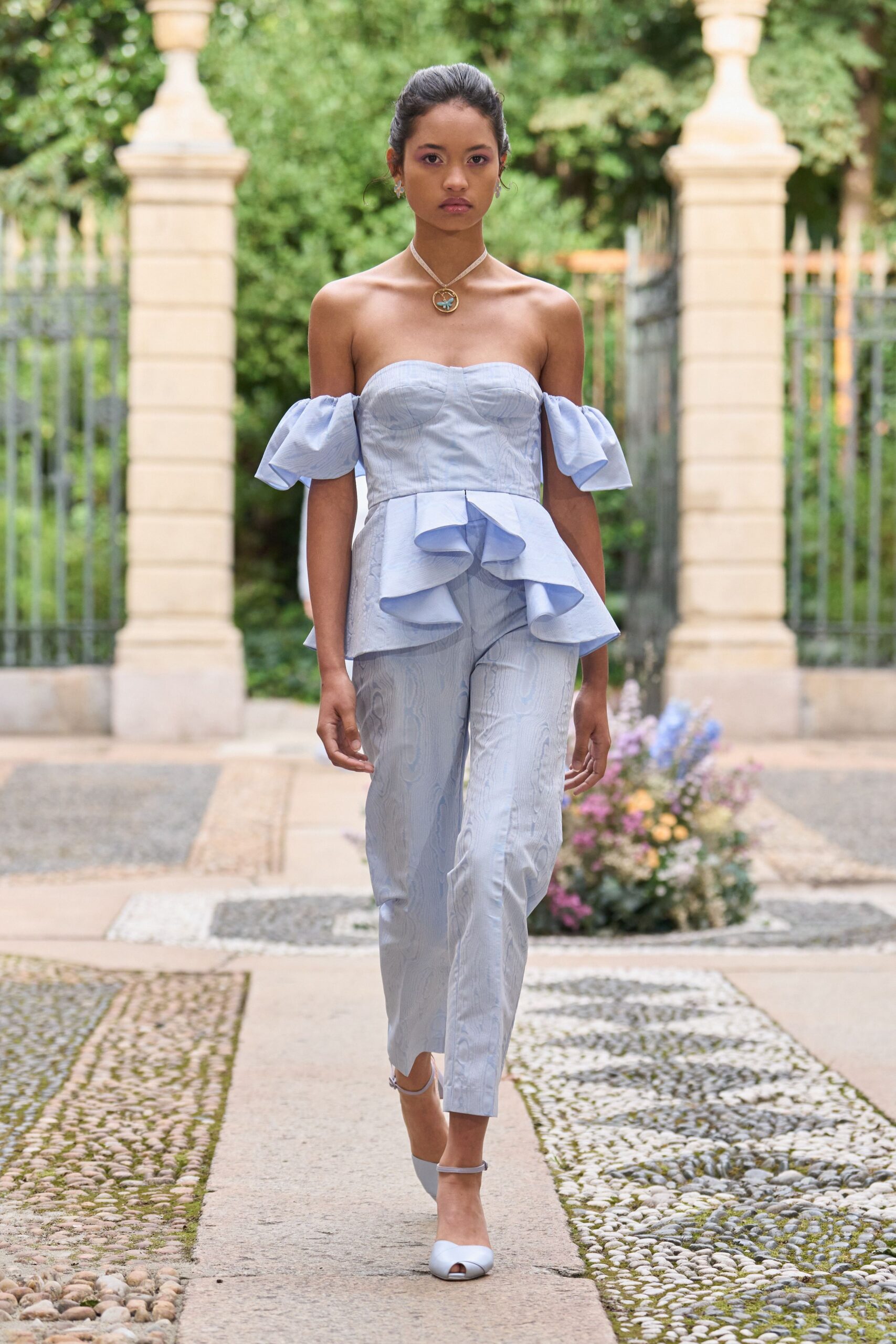 blue cotton sleeveless off-shoulder fitted ruffled top