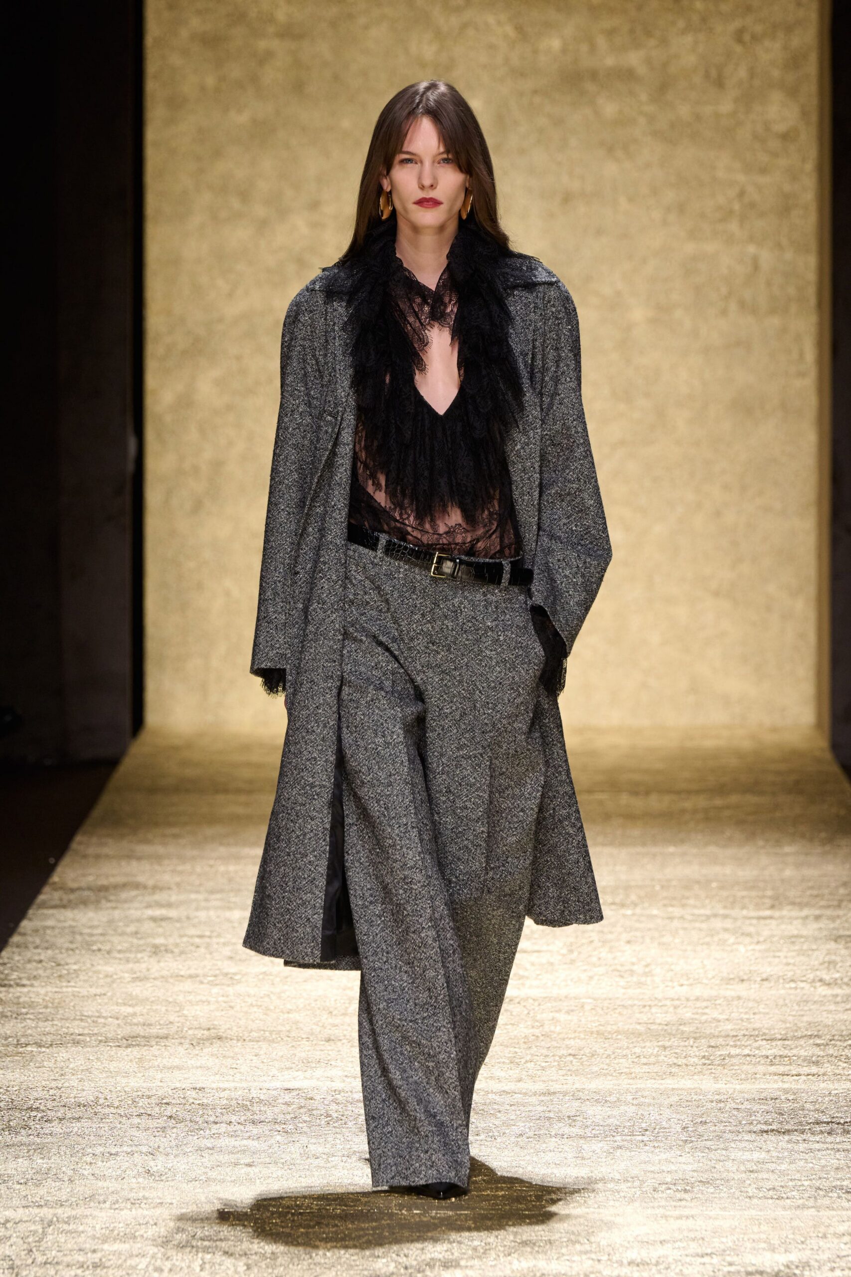 gray wool coat with black top