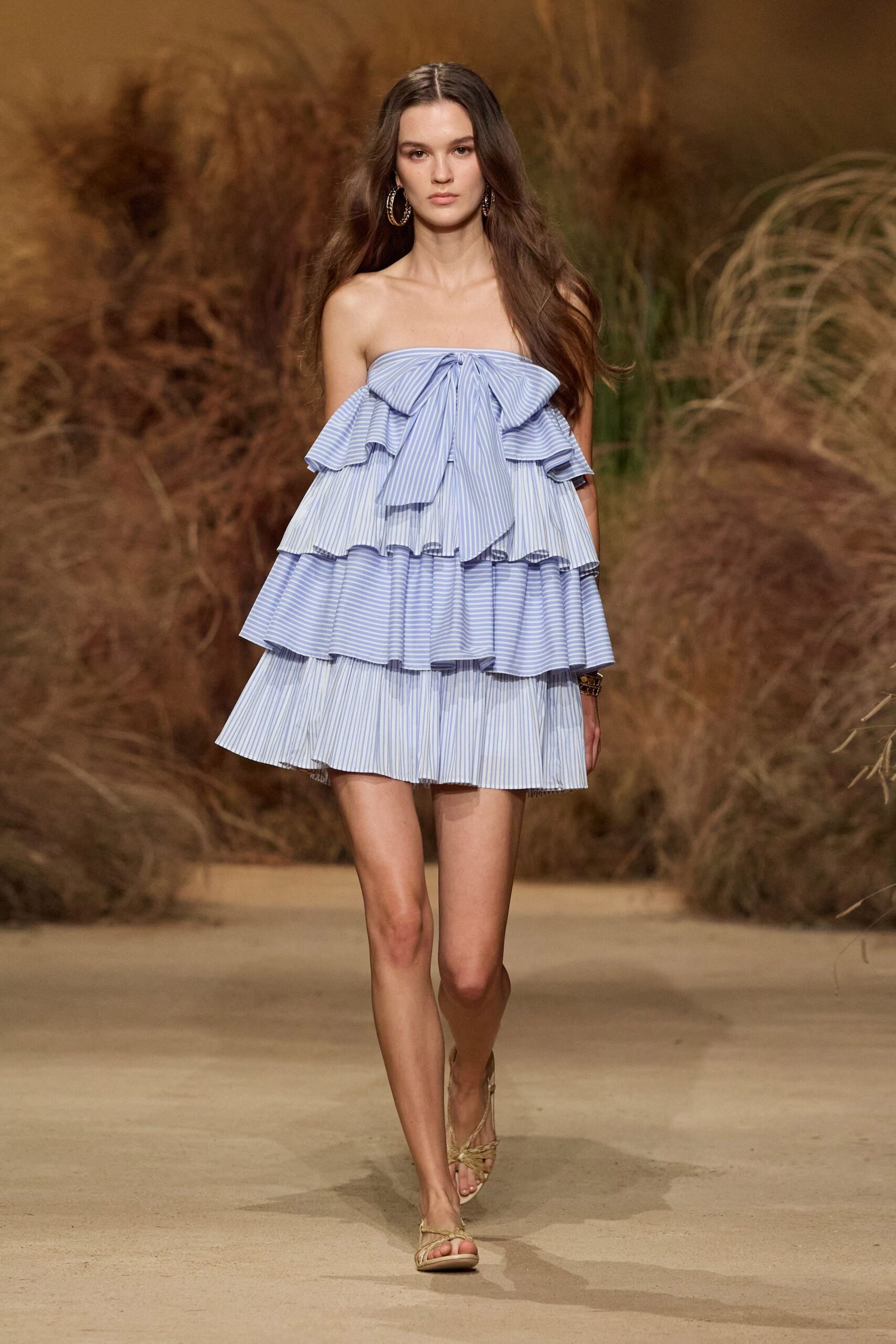 blue cotton strapless fitted ruffled tiered mini dress