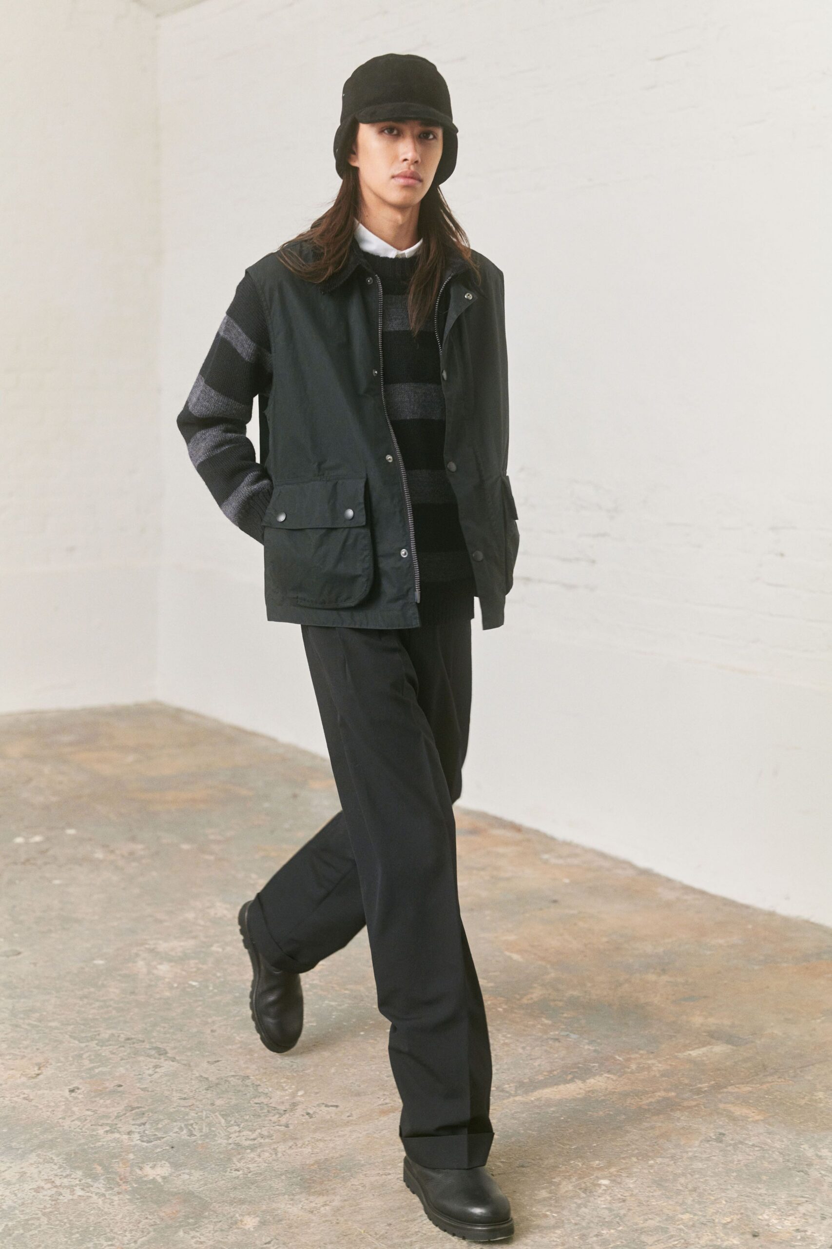 black relaxed jacket with sweater and pants