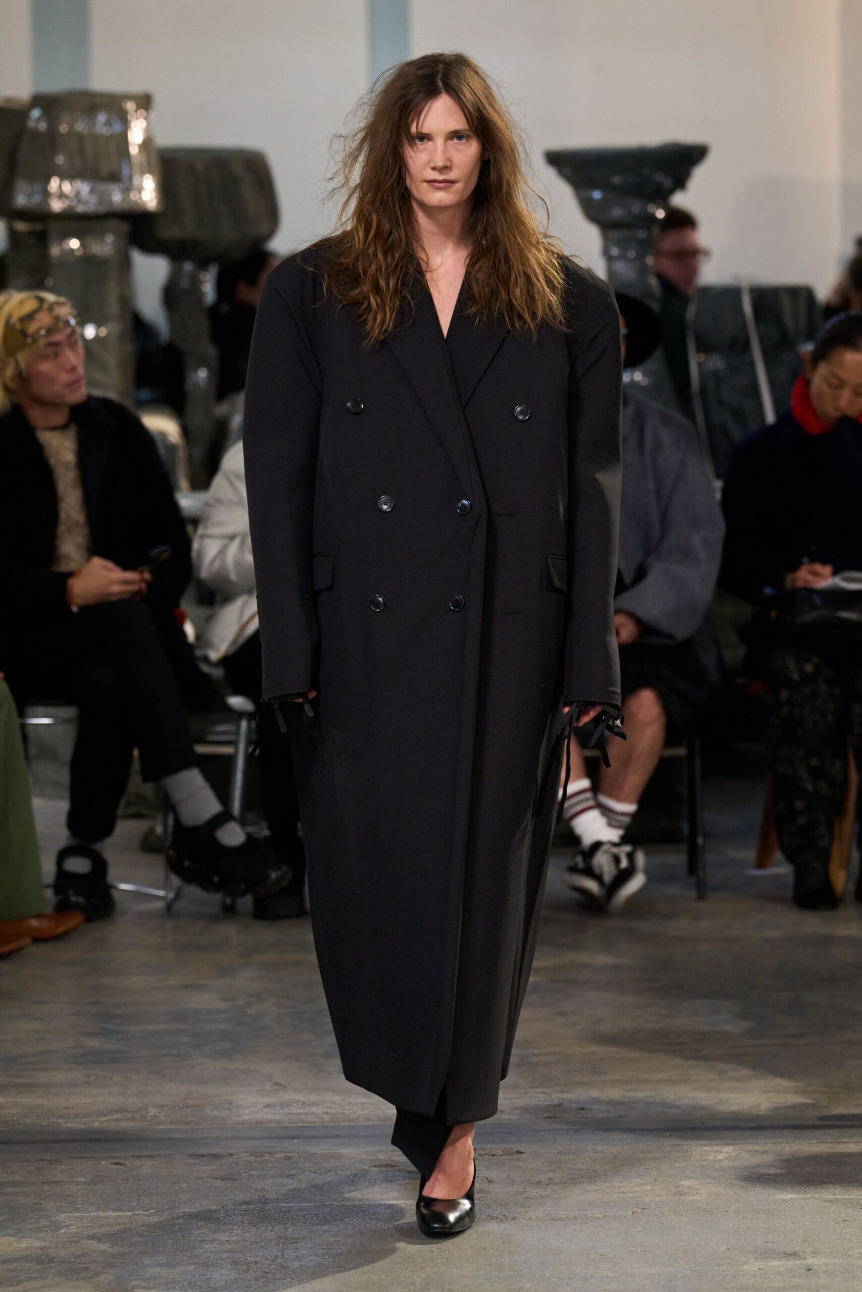 black wool long-sleeve double-breasted oversized maxi coat