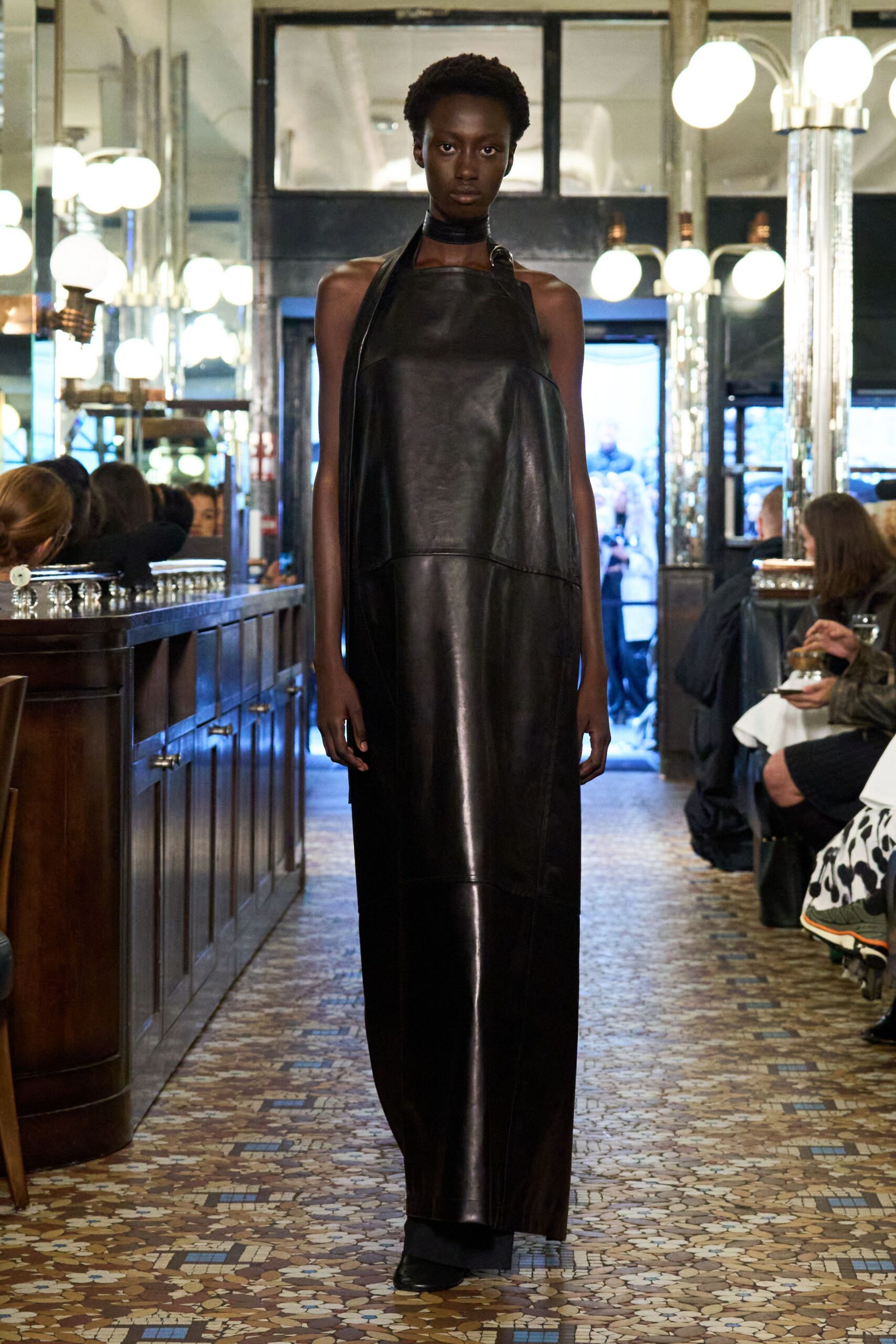 black leather sleeveless gown