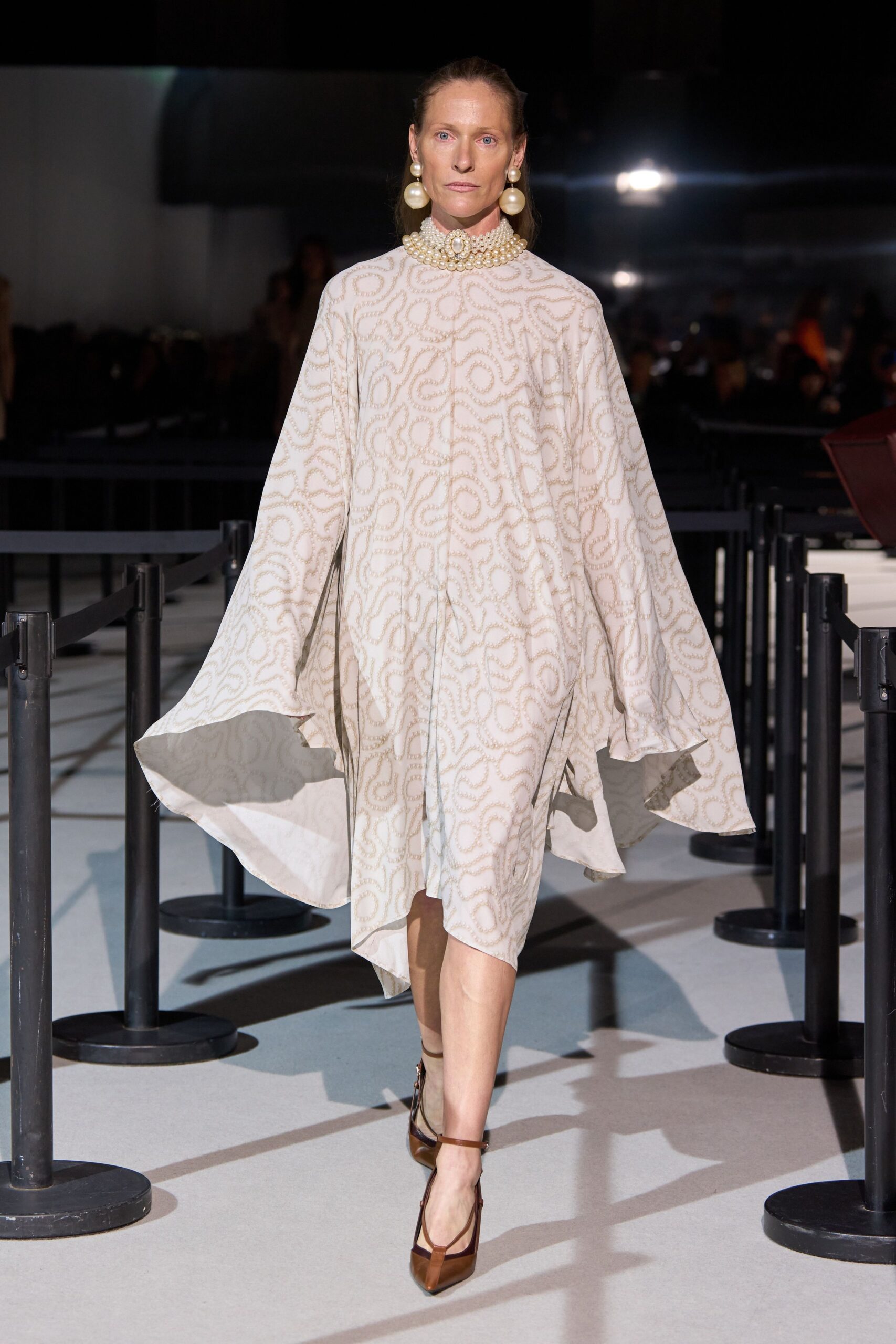 beige silk long-sleeve high-neck relaxed layered printed dress