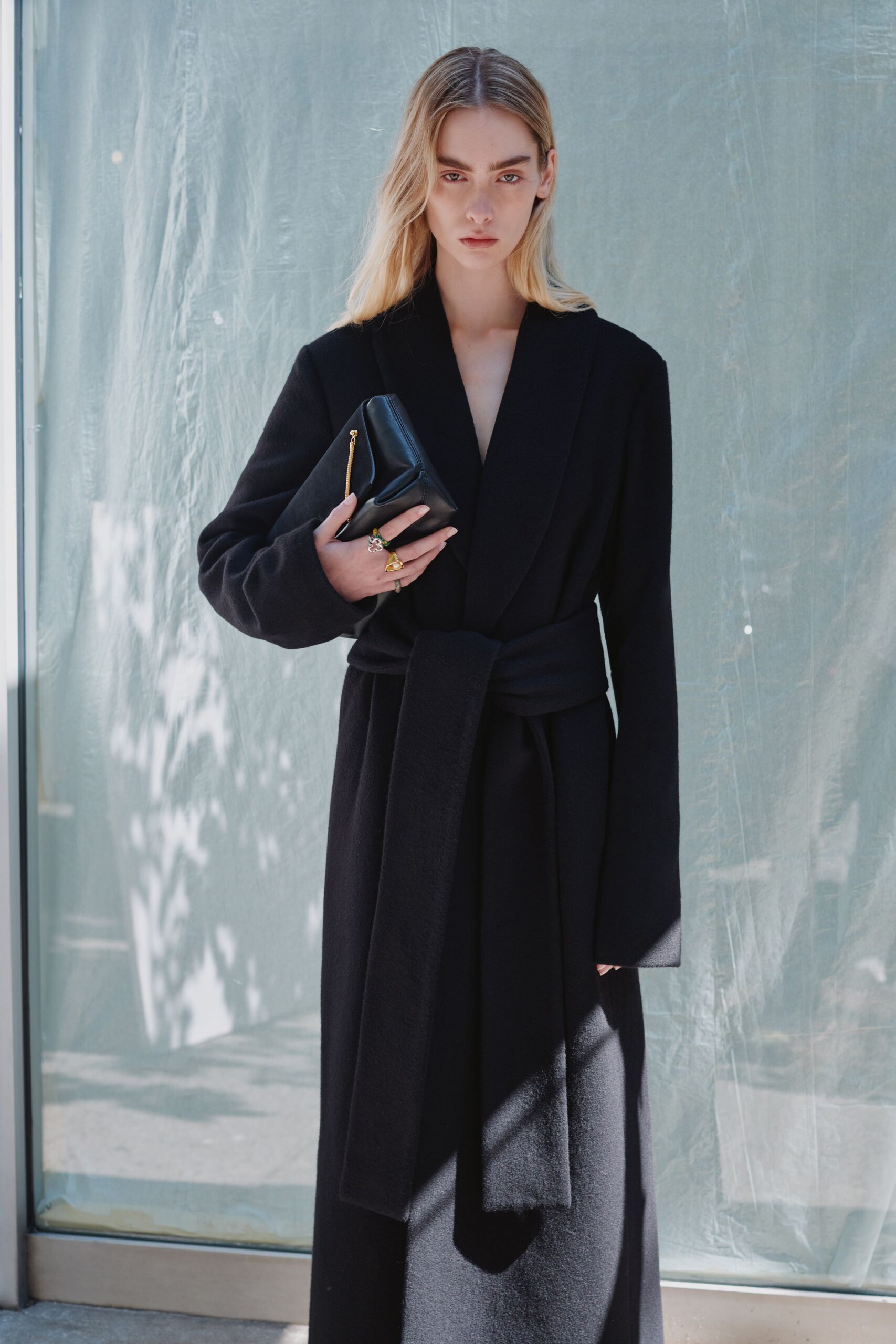 black wool long-sleeve v-neck fitted belted maxi coat