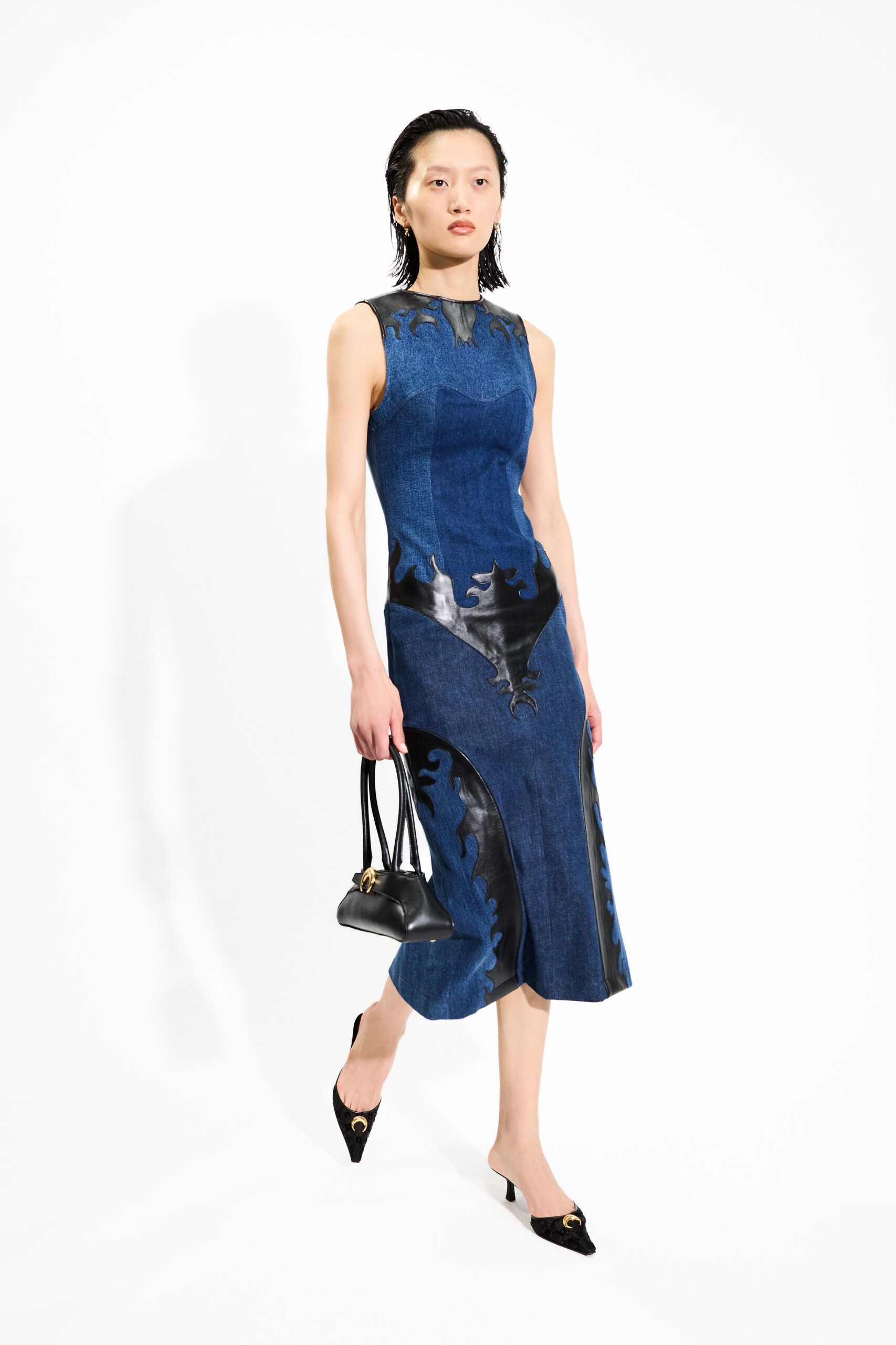 blue denim sleeveless v-neck fitted flared midi dress