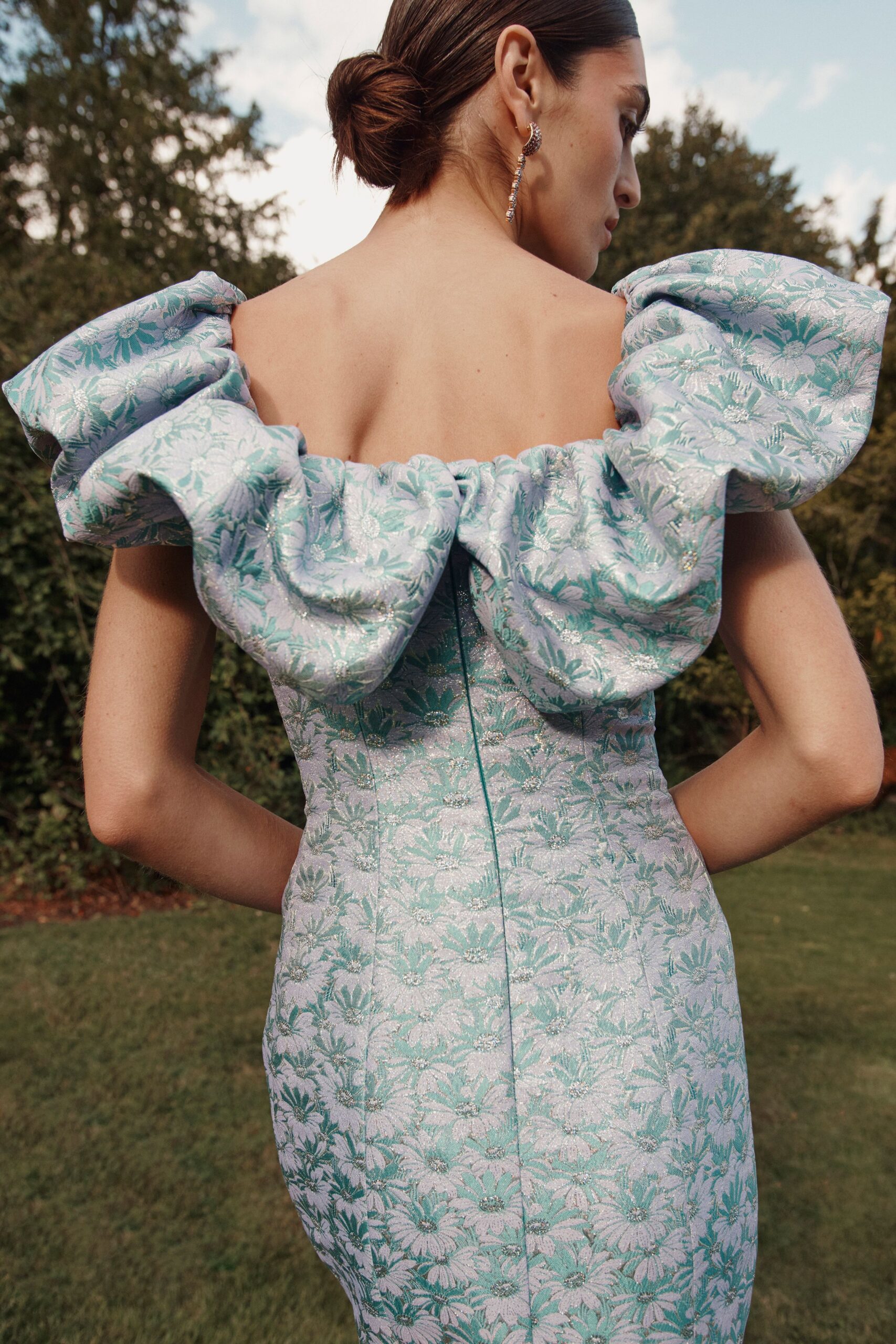 blue green off-shoulder dress
