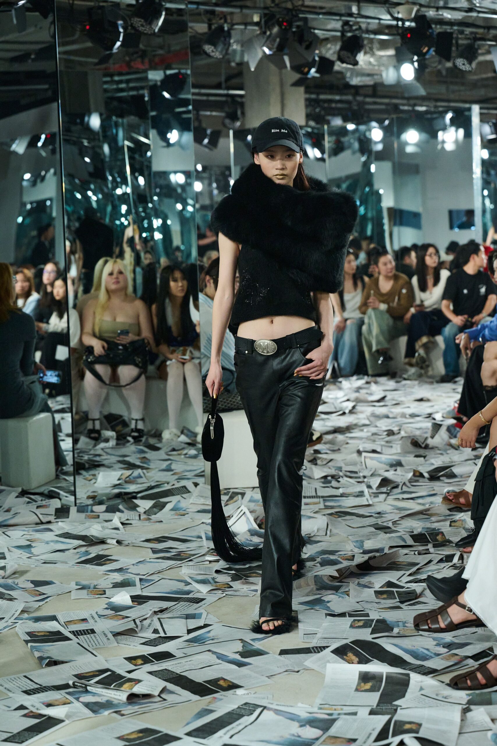 black faux-fur top with leather pants