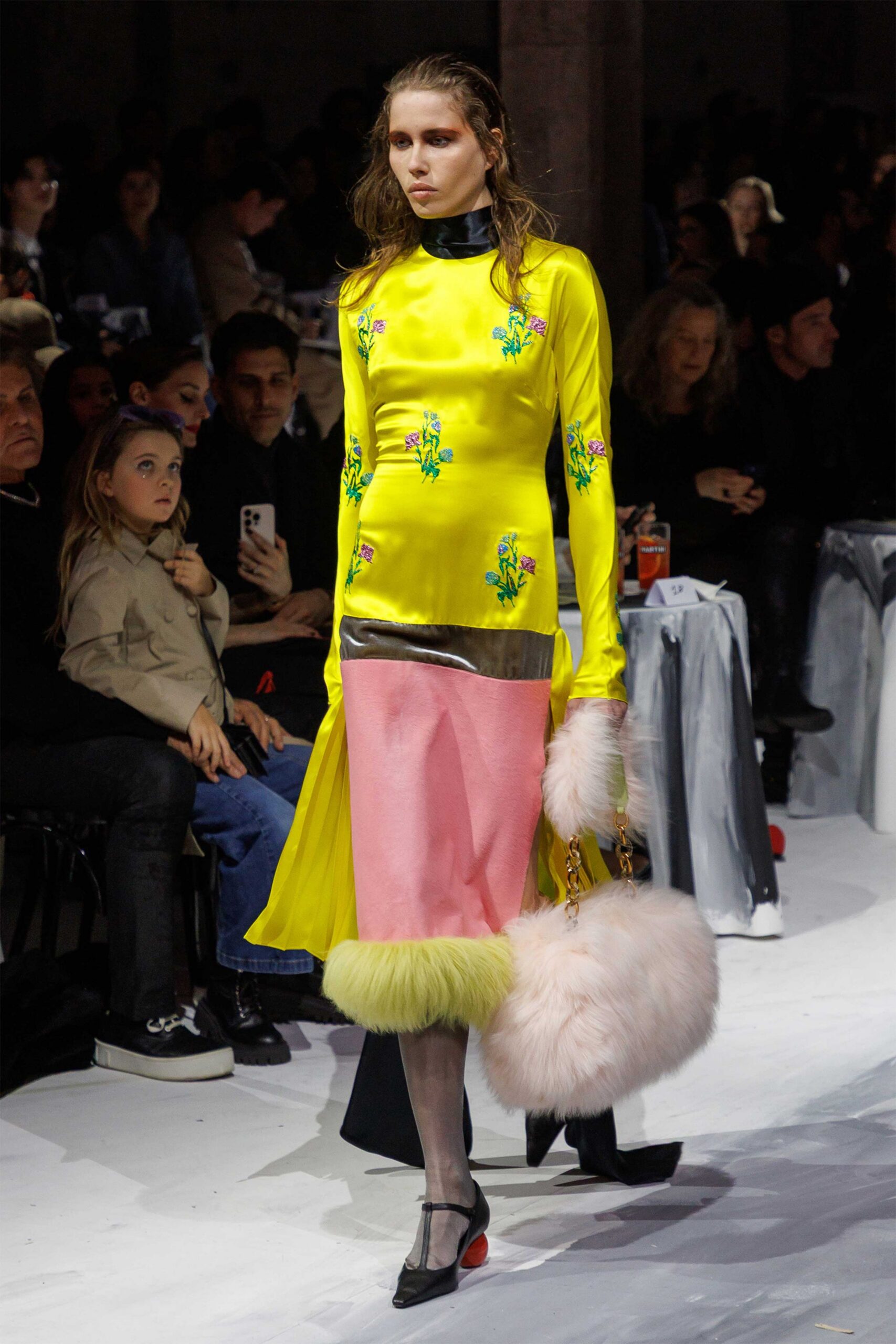 yellow silk long-sleeve high-neck fitted embroidered layered dress