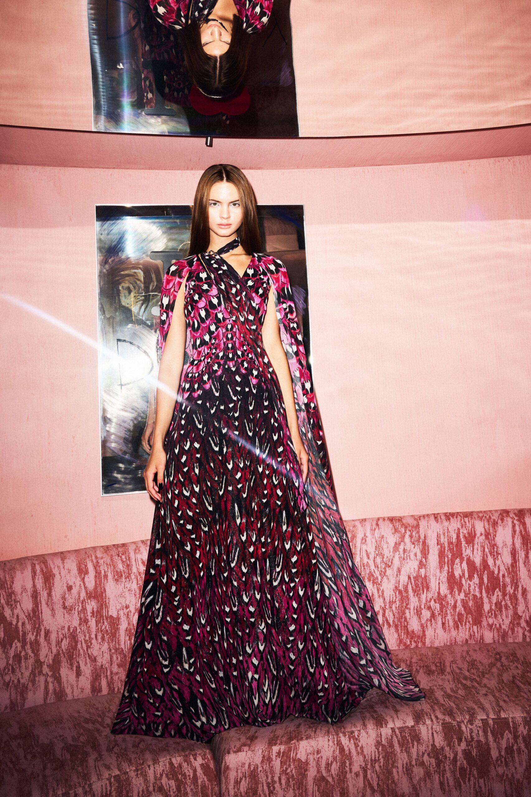 pink and black flowing gown