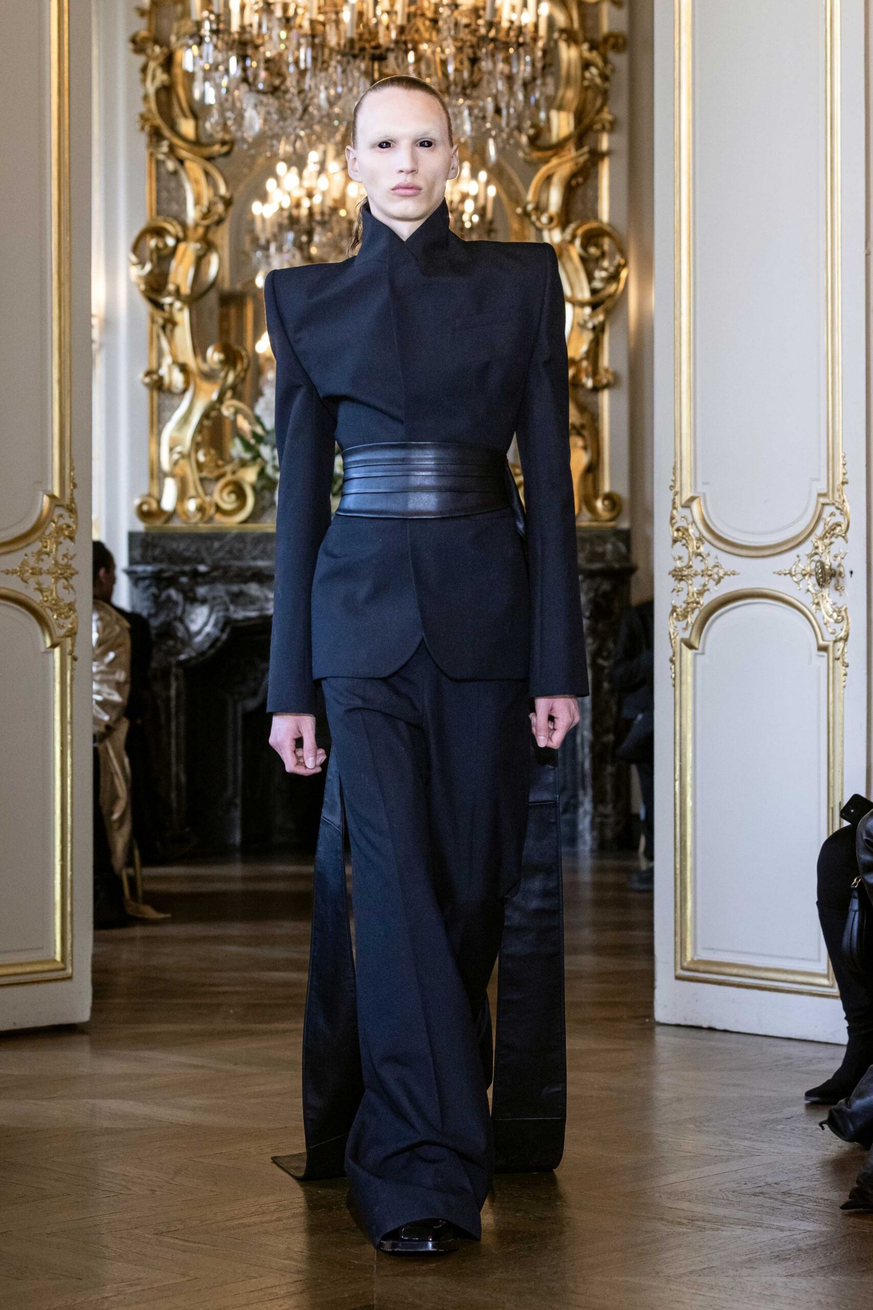 black silk long-sleeve collared tailored structured zippered suit