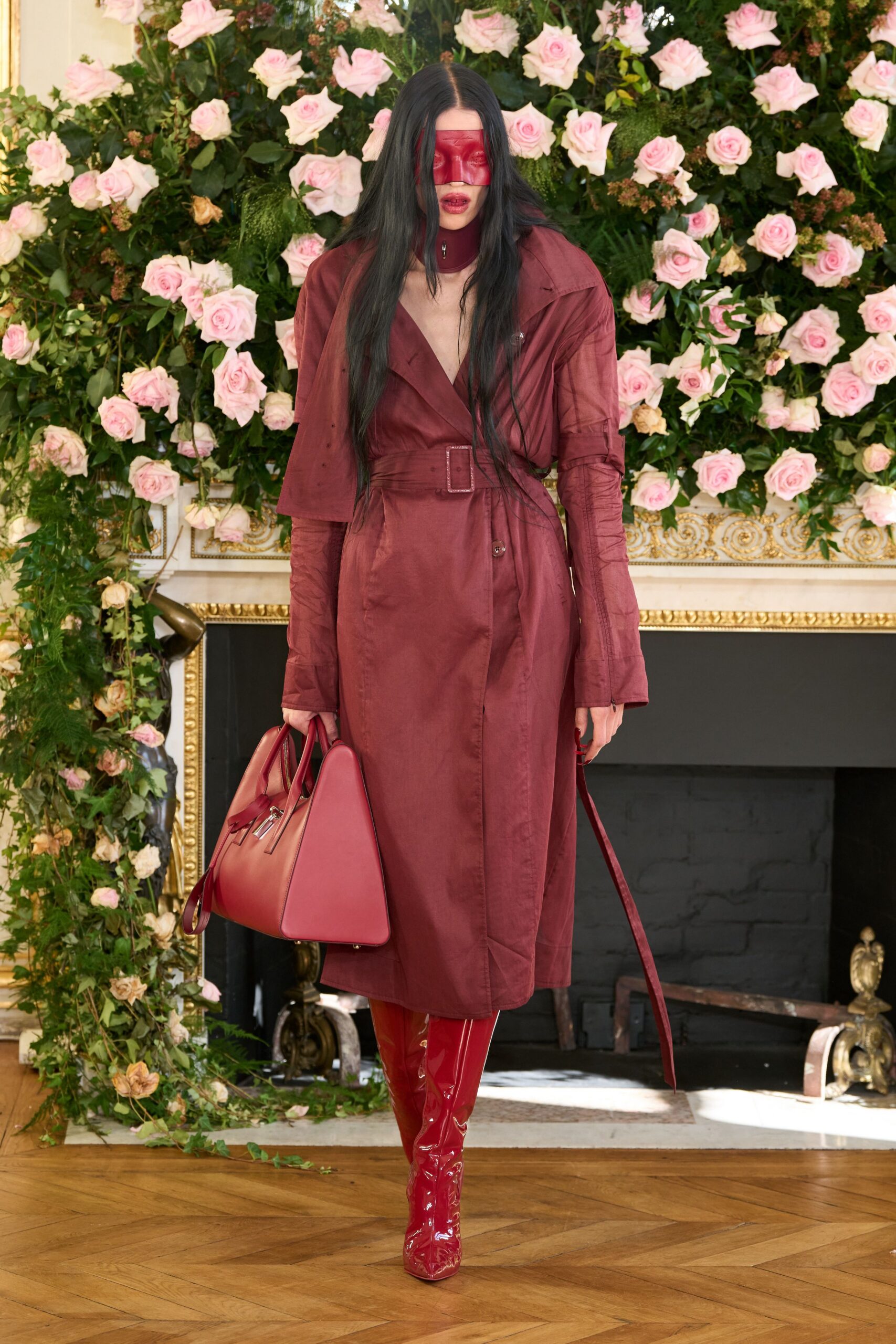 red silk long-sleeve collared fitted belted buttoned trench