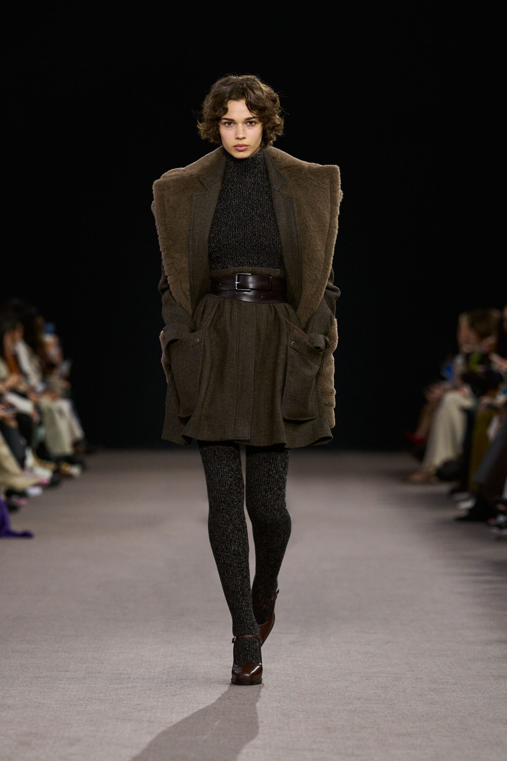 brown wool long-sleeve turtleneck fitted pleated midi dress
