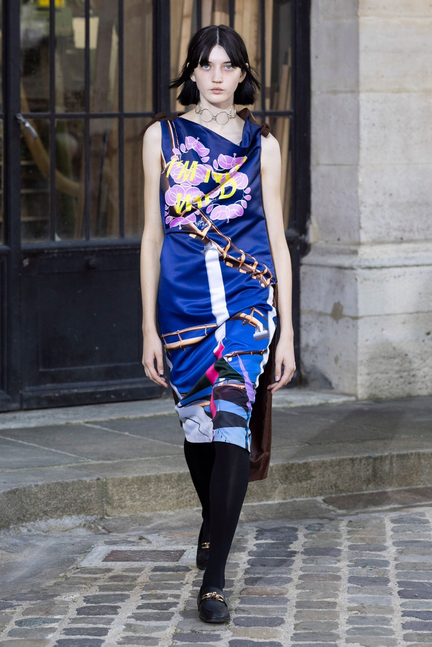 blue silk sleeveless v-neck fitted printed draped dress