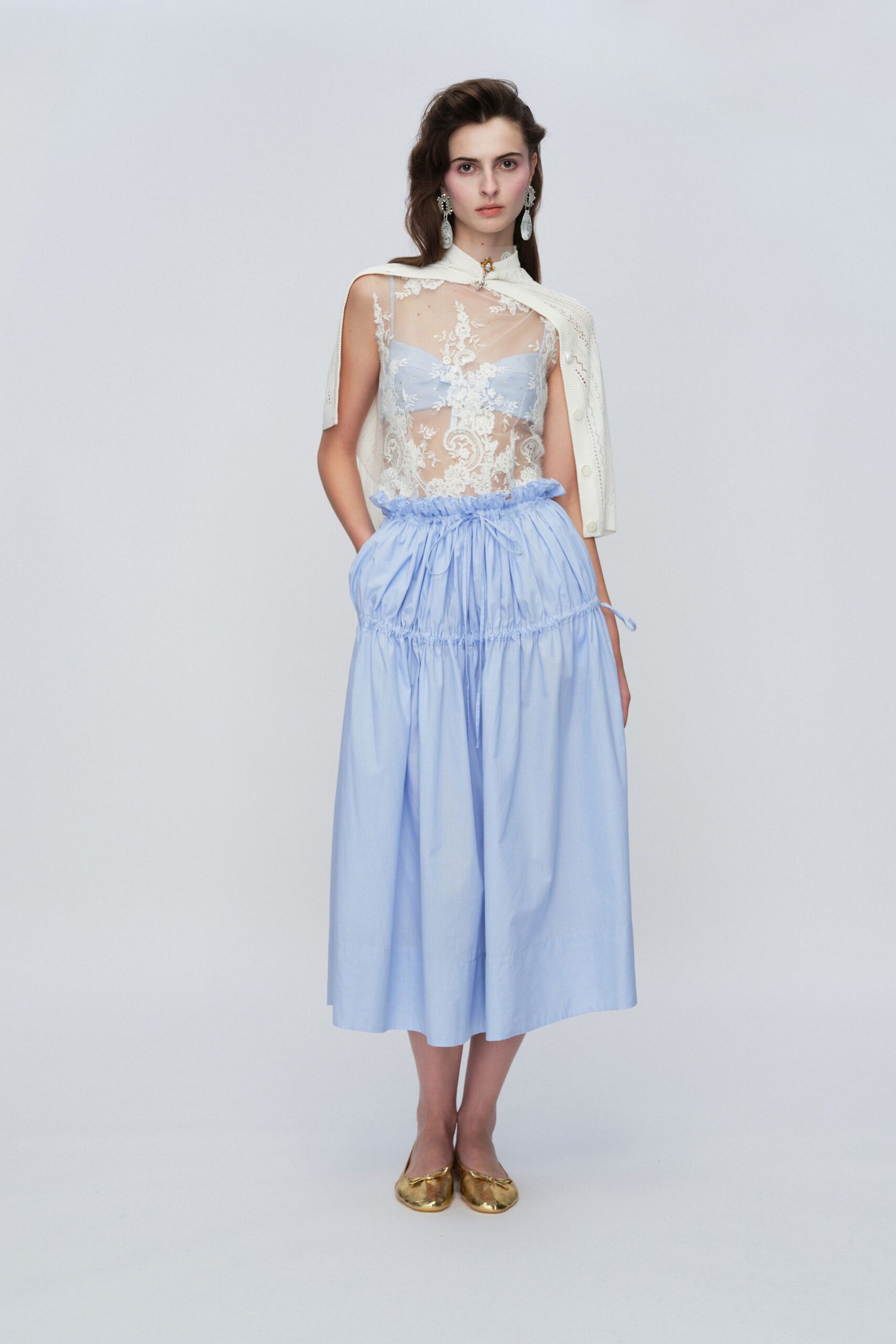 white lace top blue midi skirt