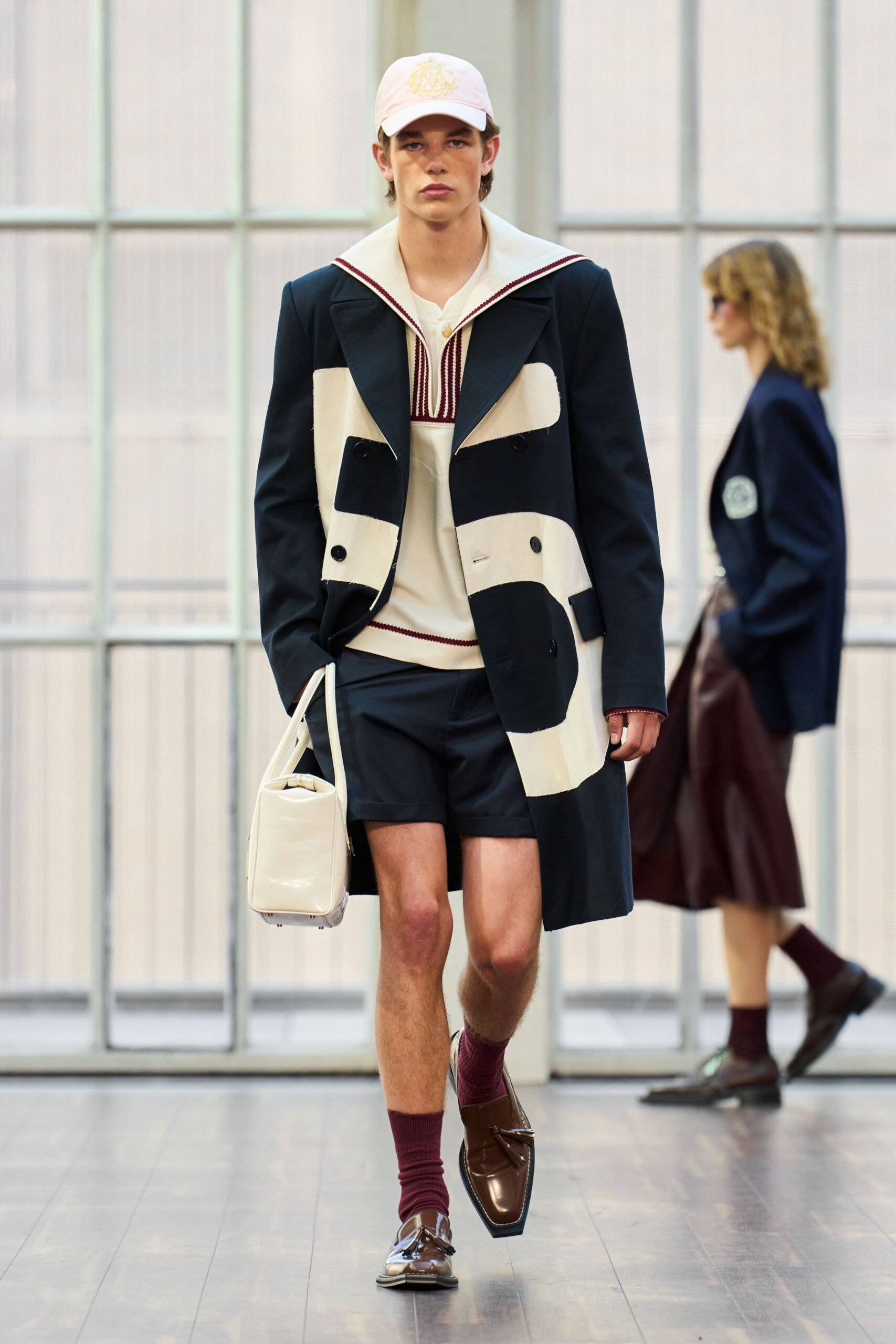 black long-sleeve collared structured color-blocked coat