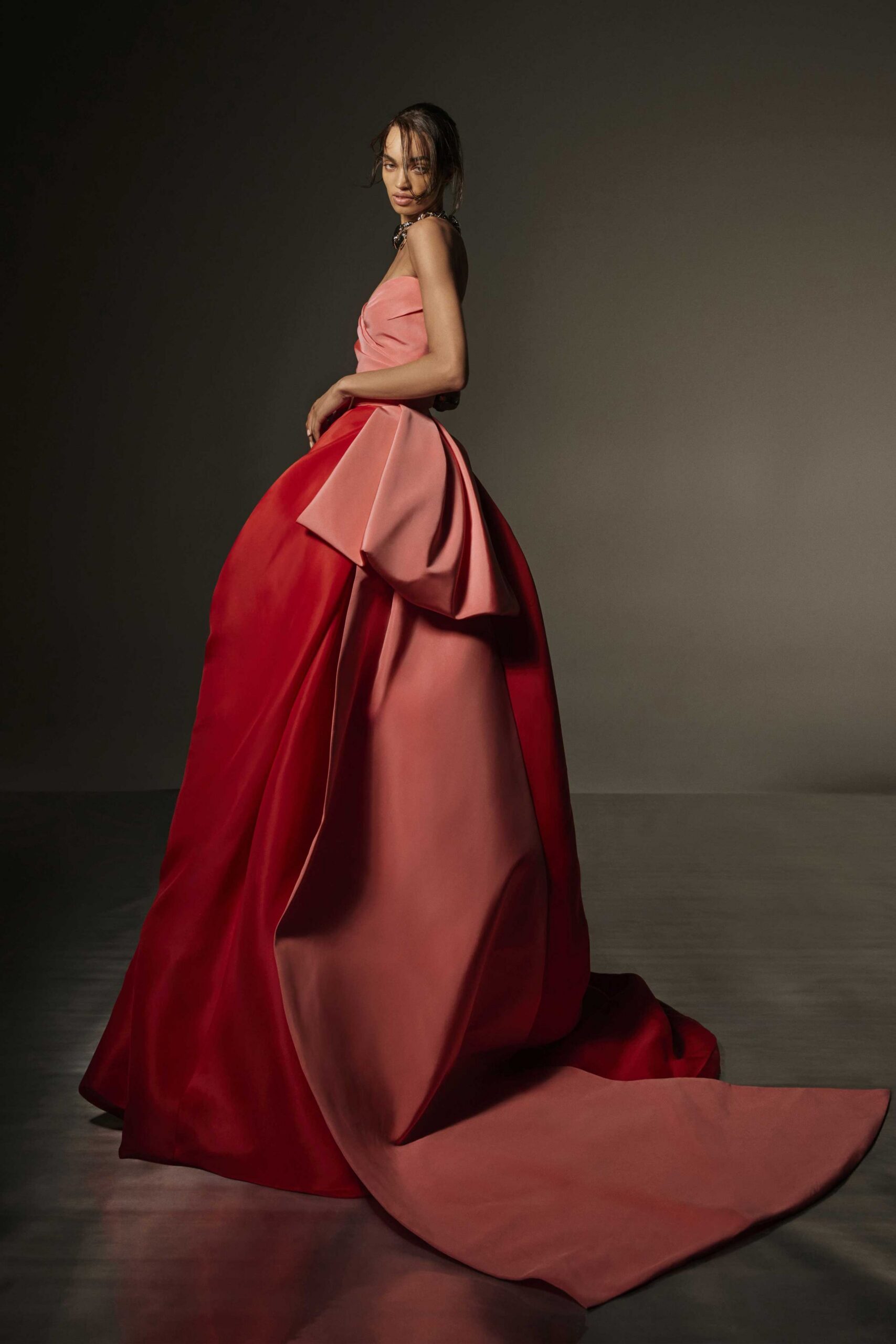red and pink pleated gown