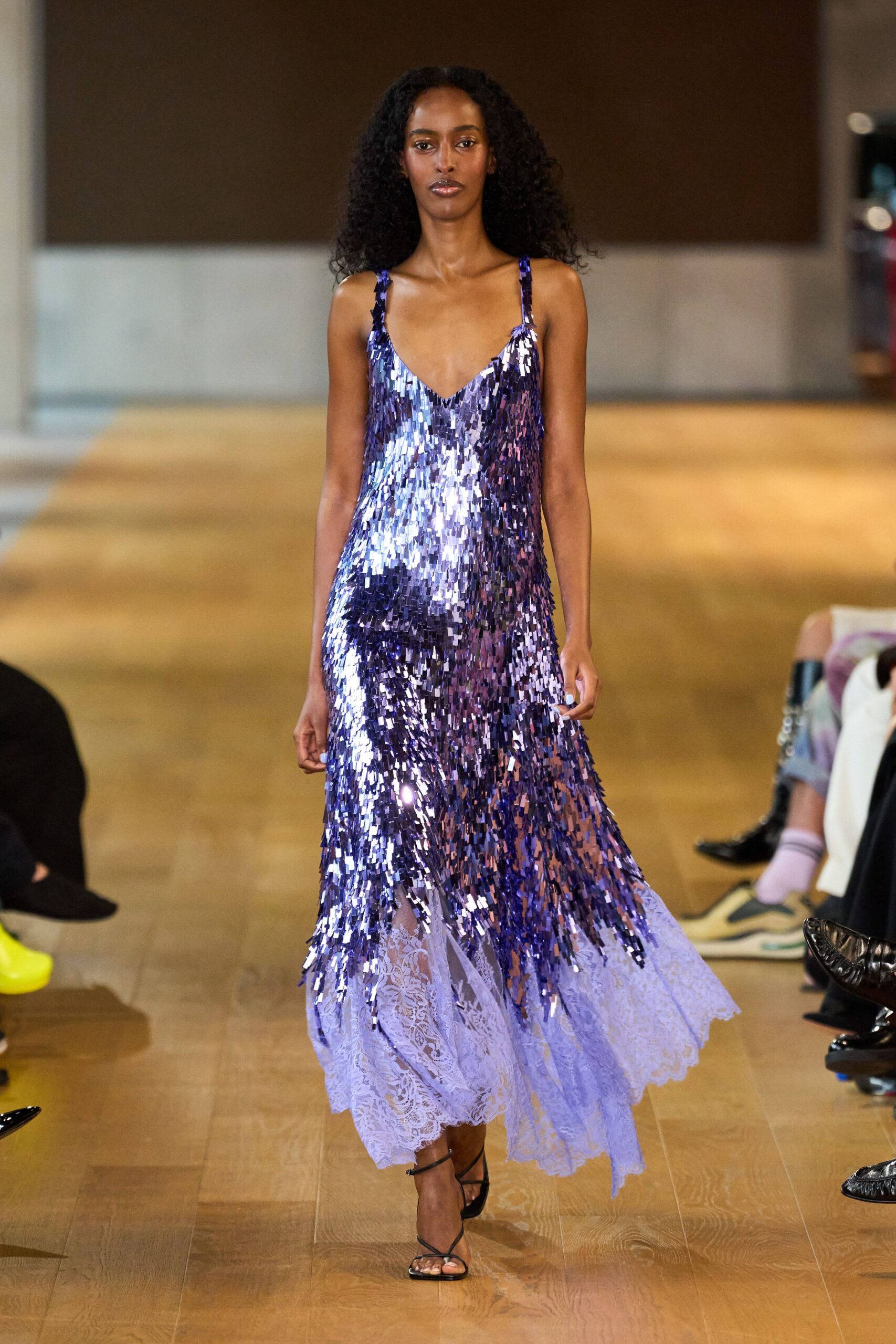 purple sequin sleeveless v-neck fitted layered draped dress