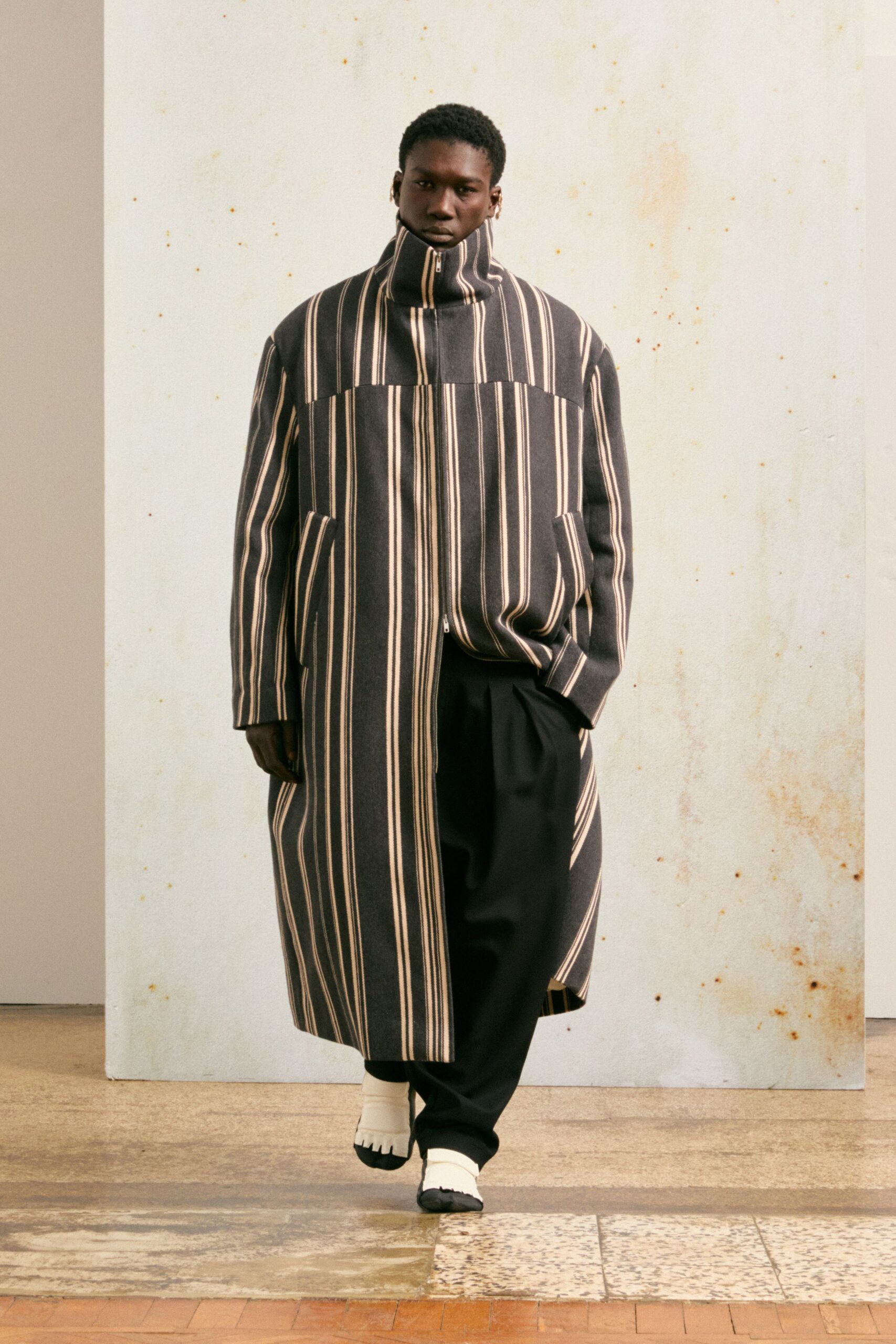 oversized striped coat with relaxed pants