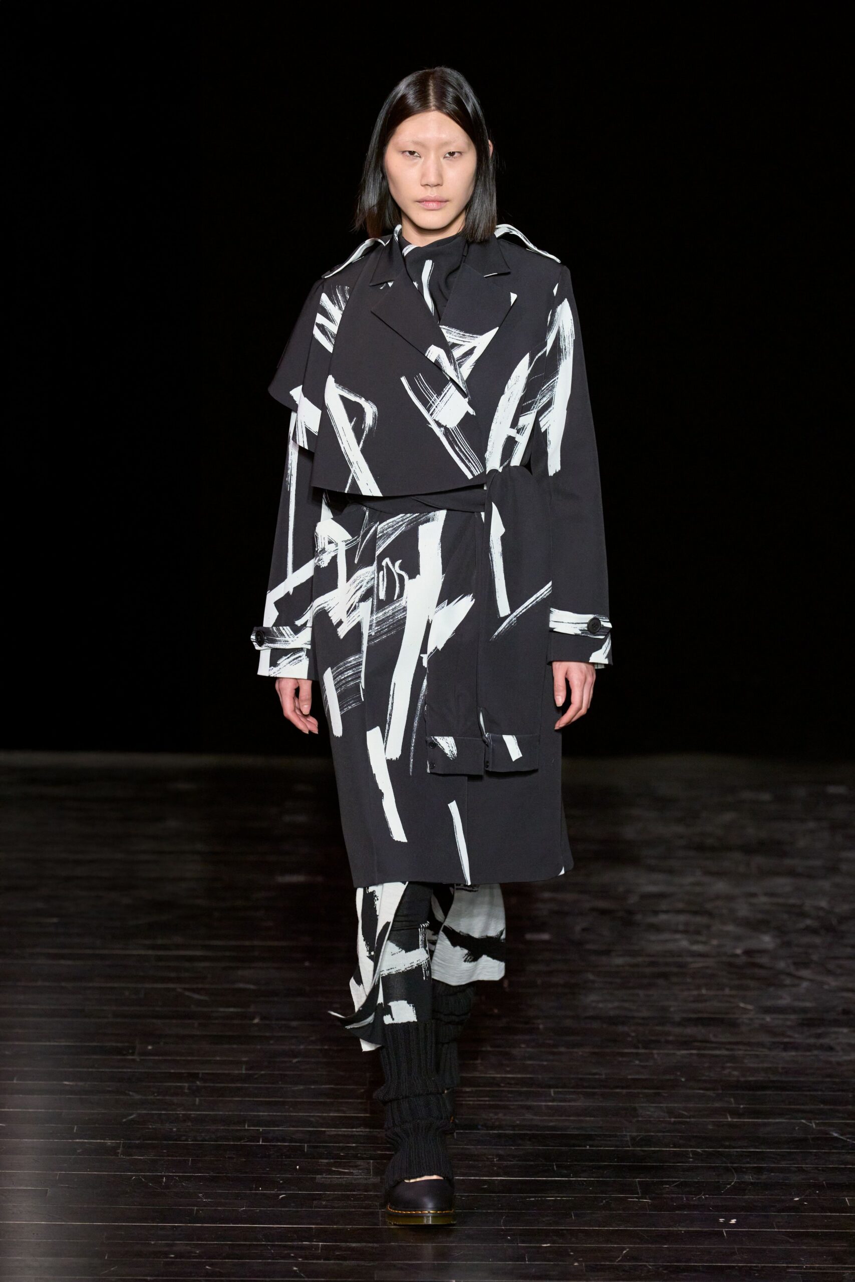 black and white printed coat and pants