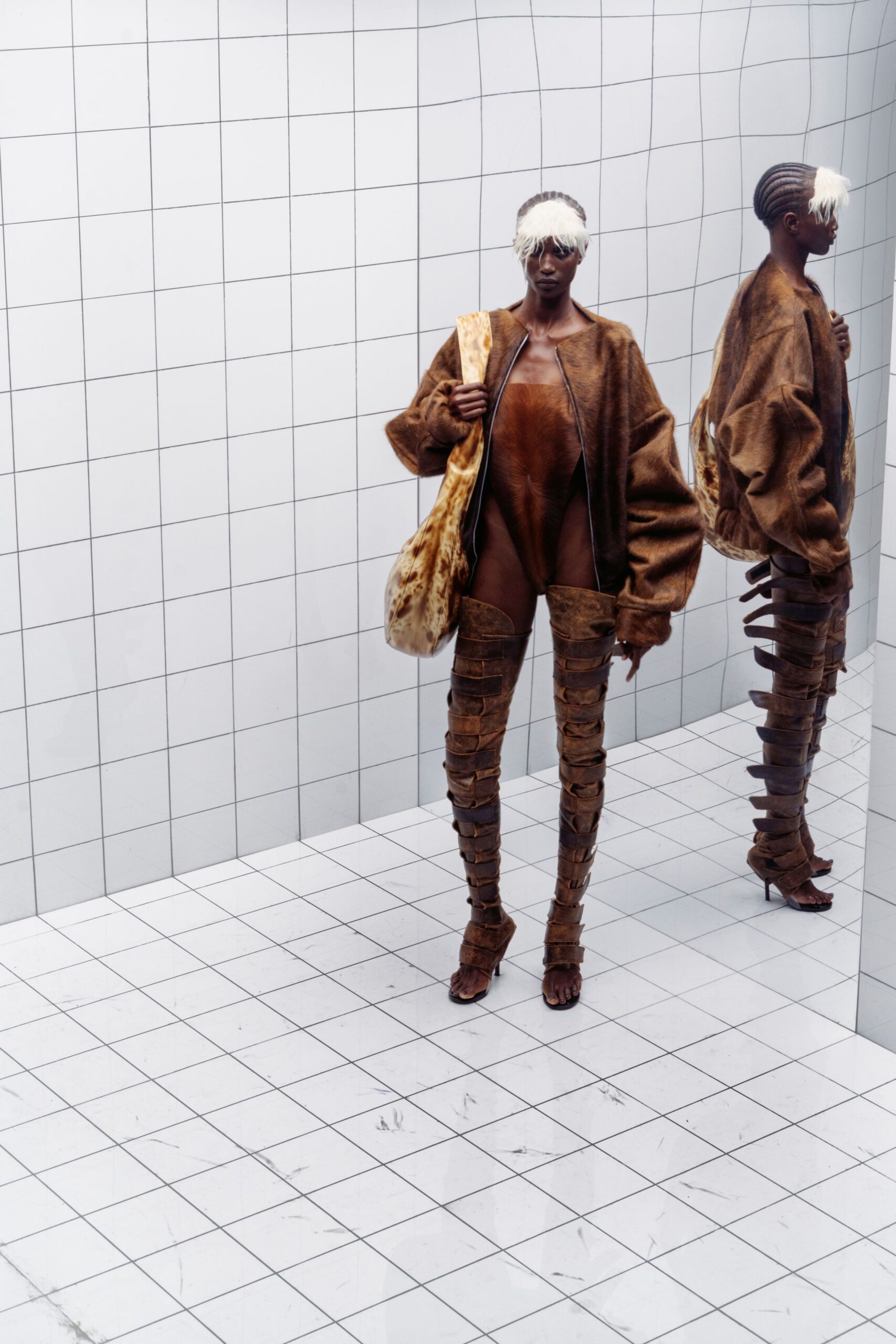 brown fur long-sleeve oversized layered jacket