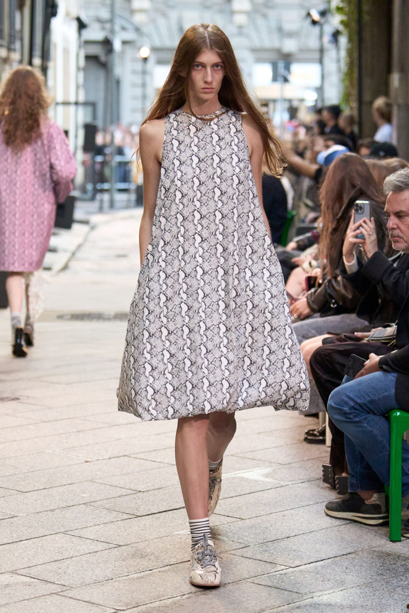 white cotton sleeveless high-neck relaxed printed a-line dress