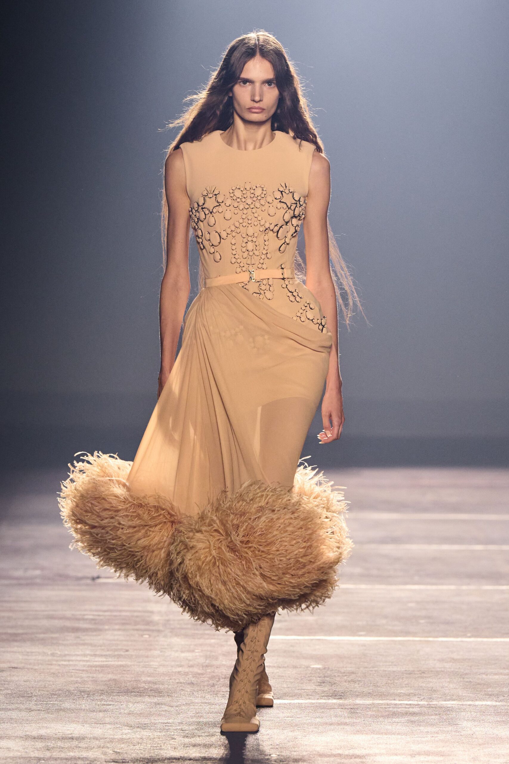 beige silk sleeveless high-neck fitted embroidered draped dress
