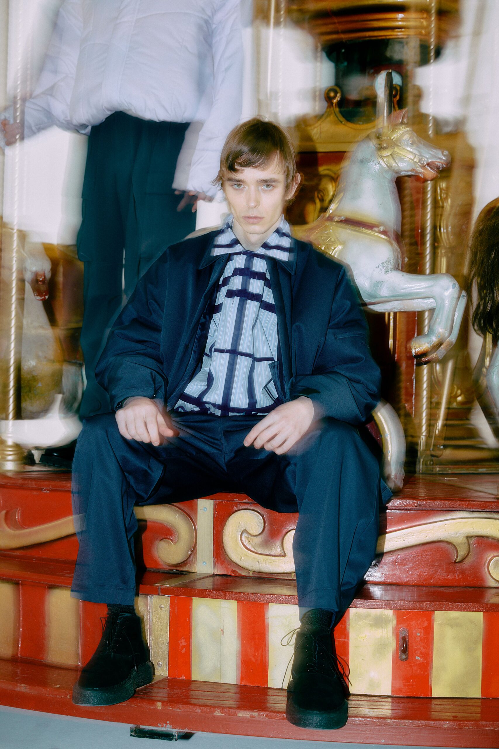 navy relaxed jacket with striped shirt