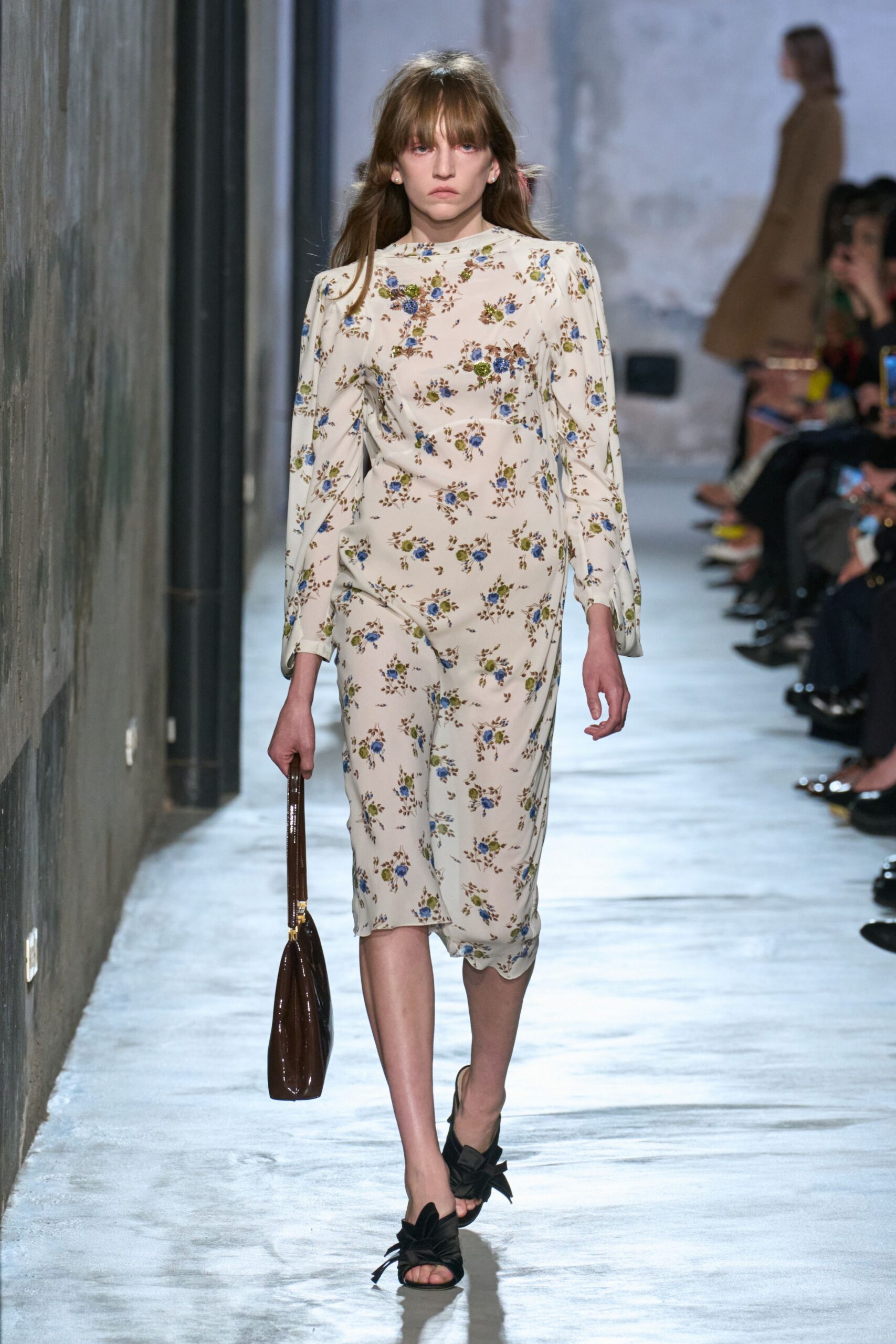 beige silk long-sleeve high-neck fitted floral draped dress