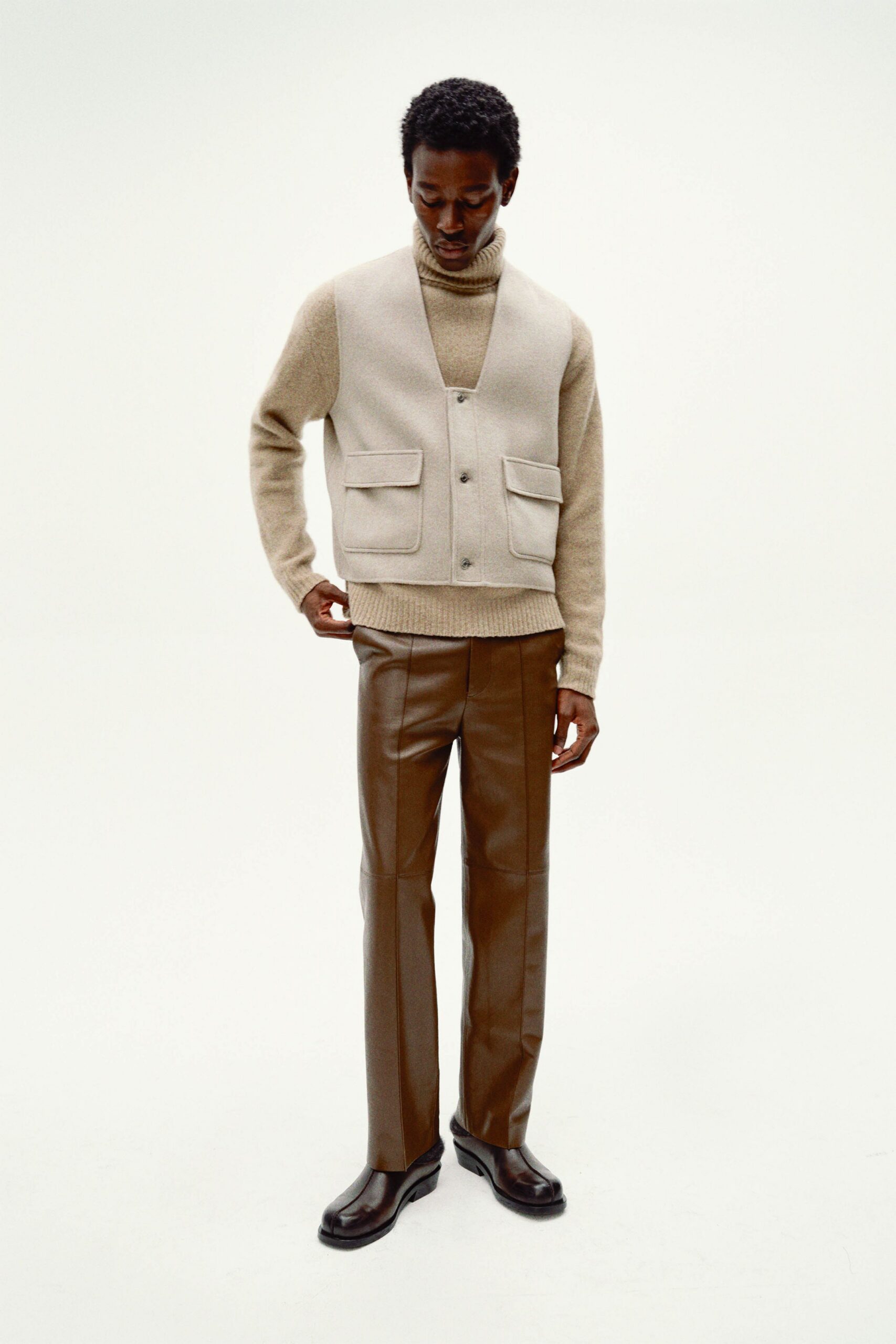 brown leather slim straight-leg pants