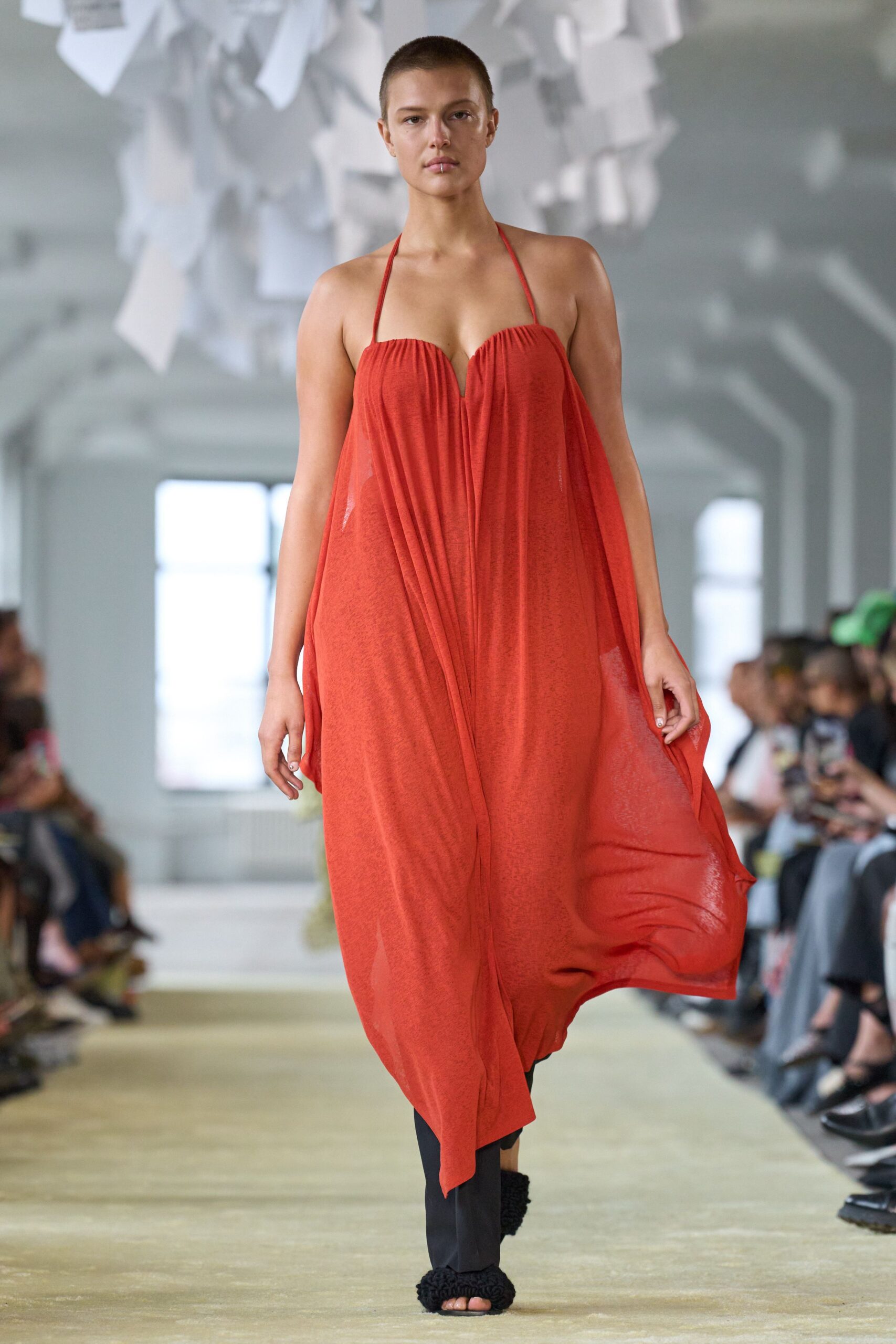 red silk sleeveless halter relaxed draped flowing dress