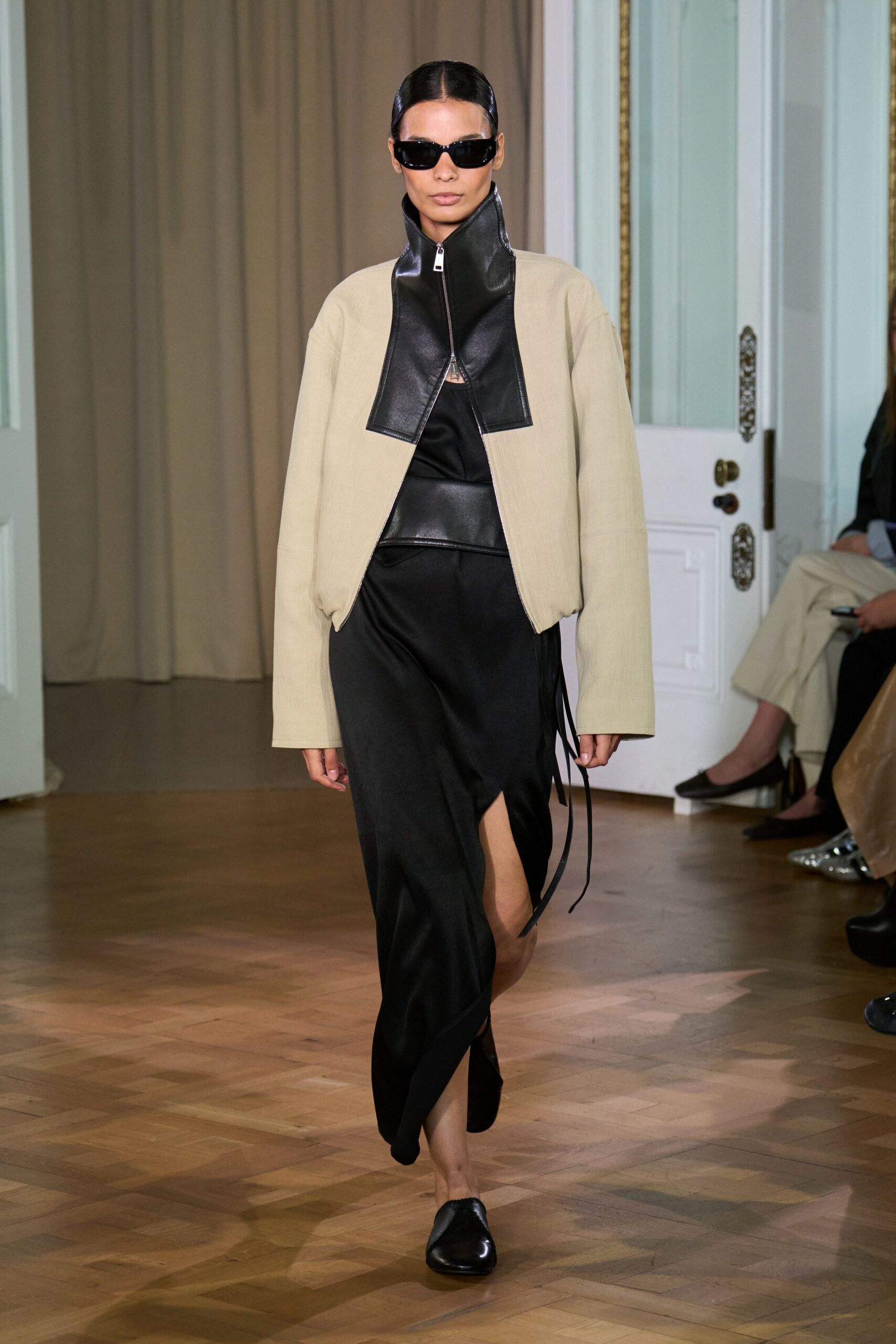 black silk midi dress with beige jacket