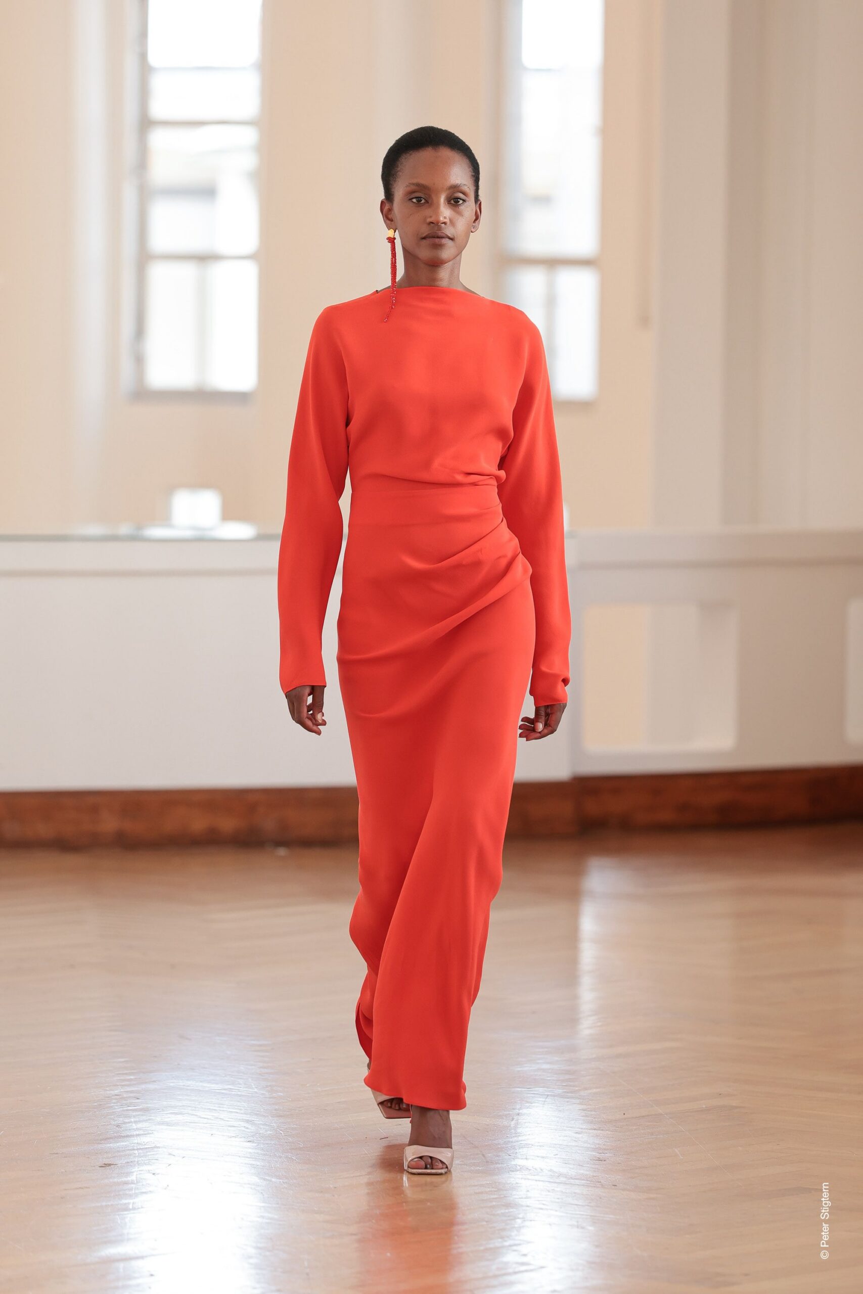 red silk fitted gown