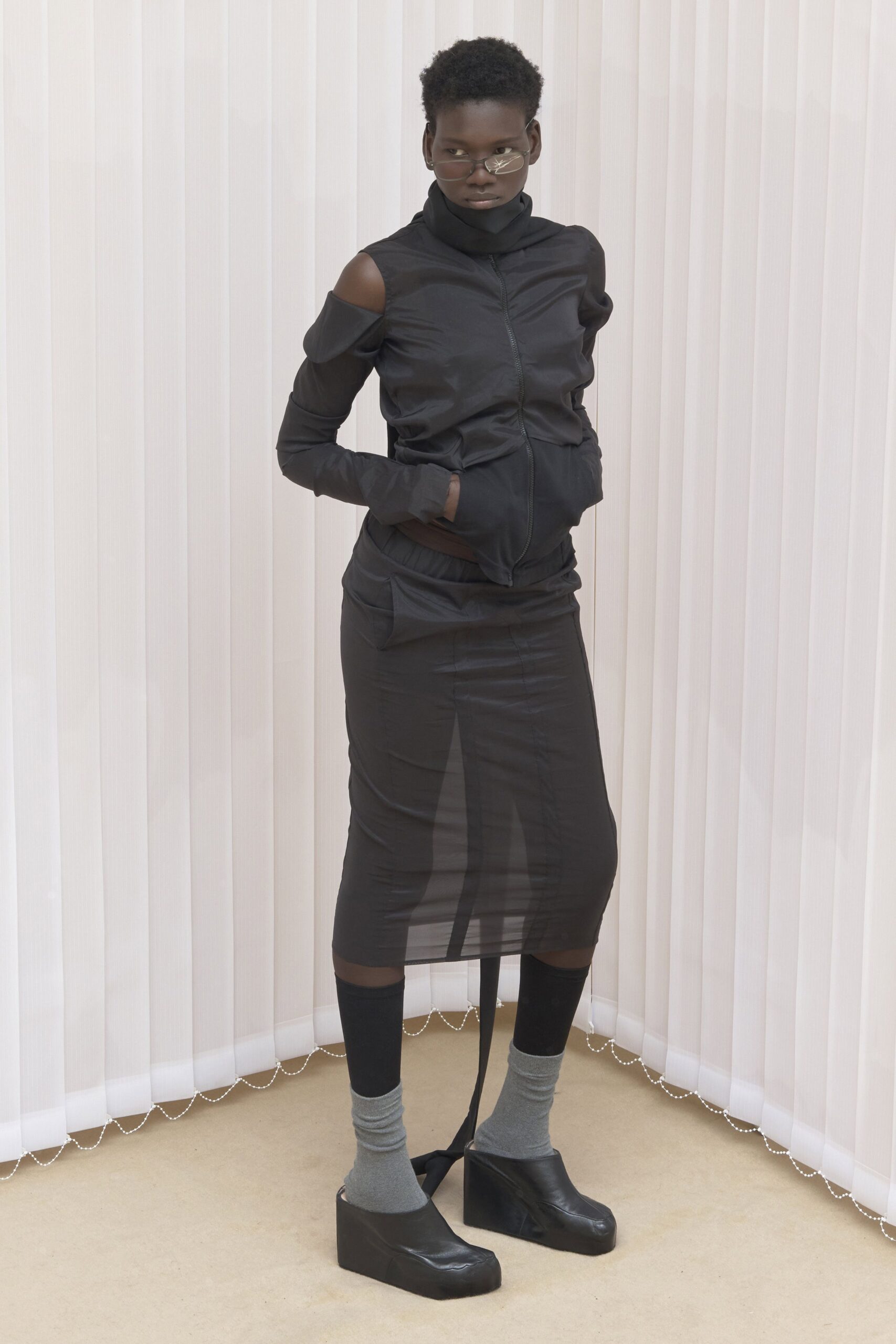 black cotton long-sleeve high-neck fitted zippered layered dress