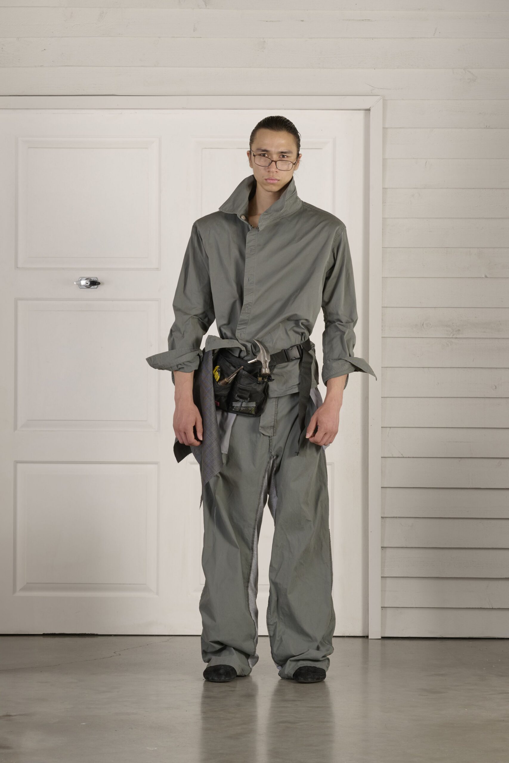 gray cotton long-sleeve collared relaxed zippered jumpsuit