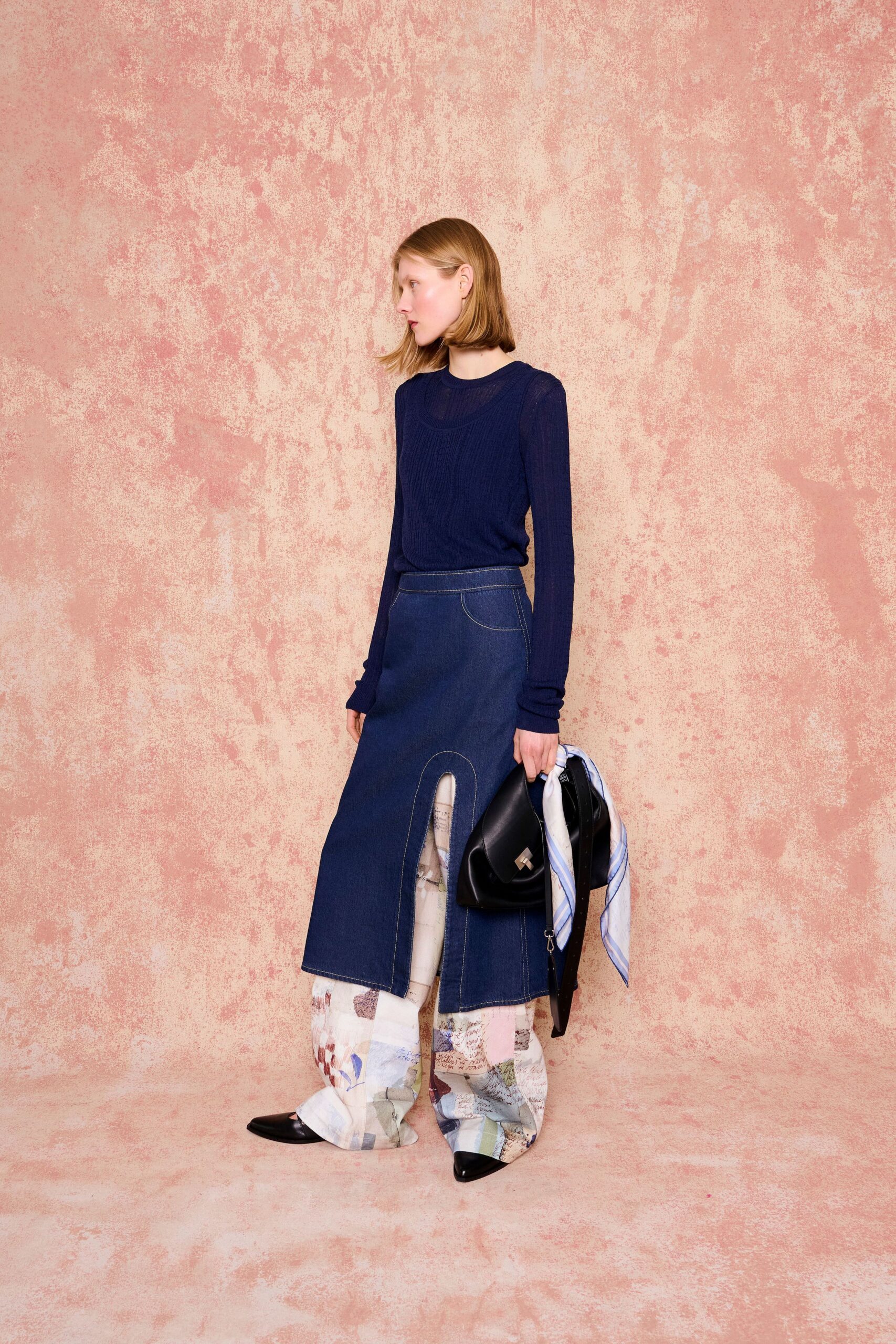 blue denim slit fitted high-waisted straight-leg midi skirt