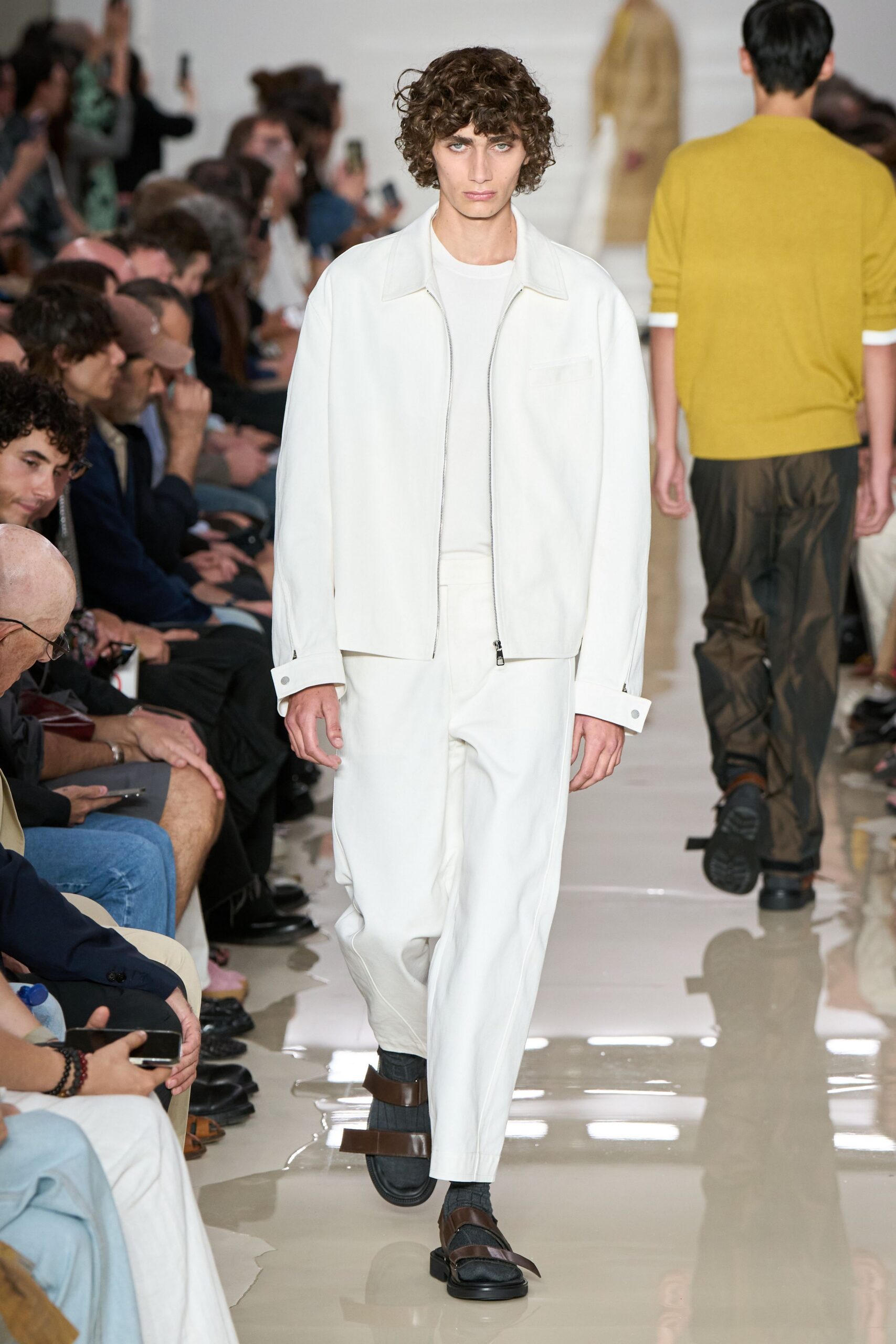 white leather jacket with white pants