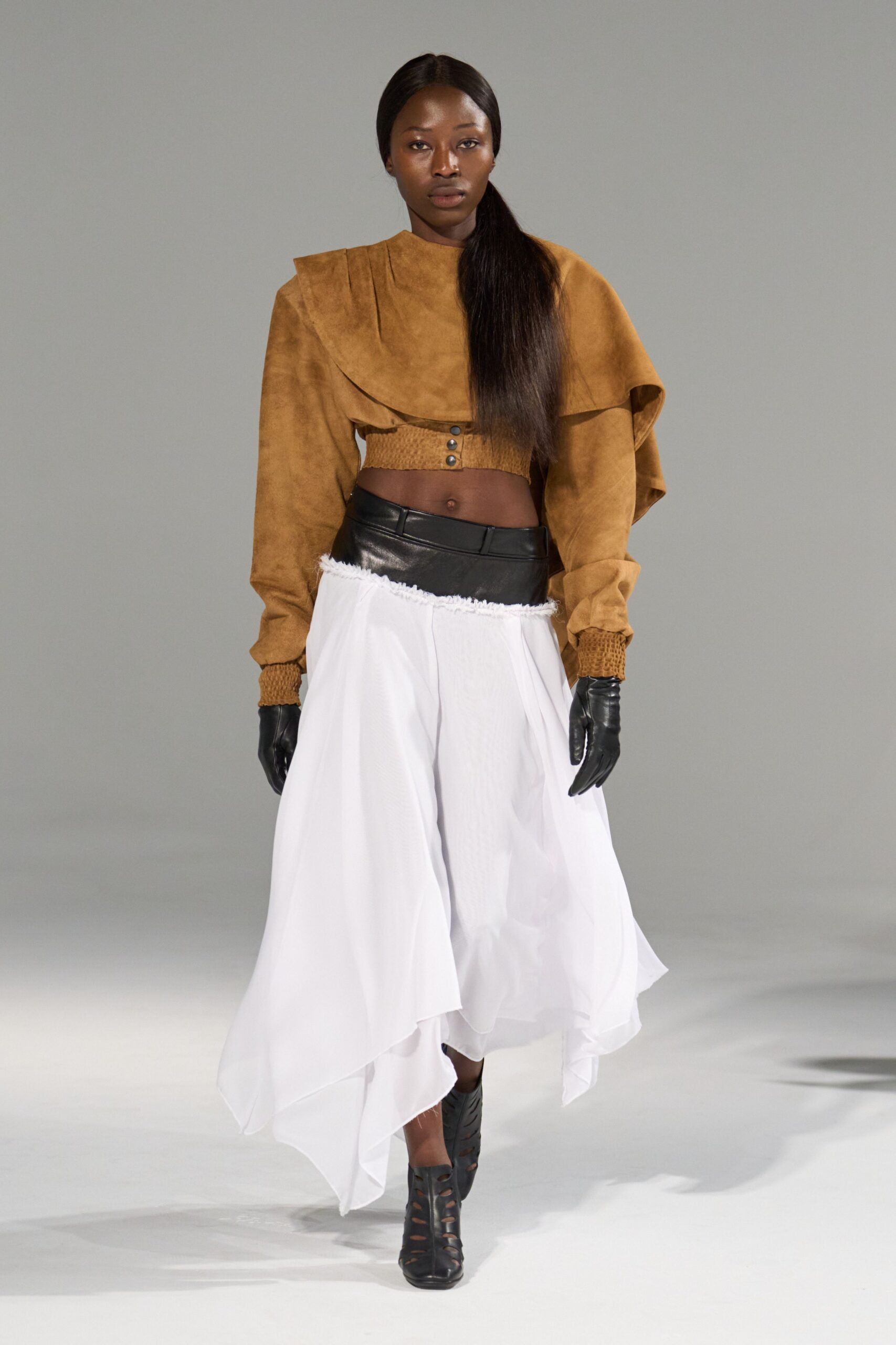 brown suede long-sleeve collared fitted layered top