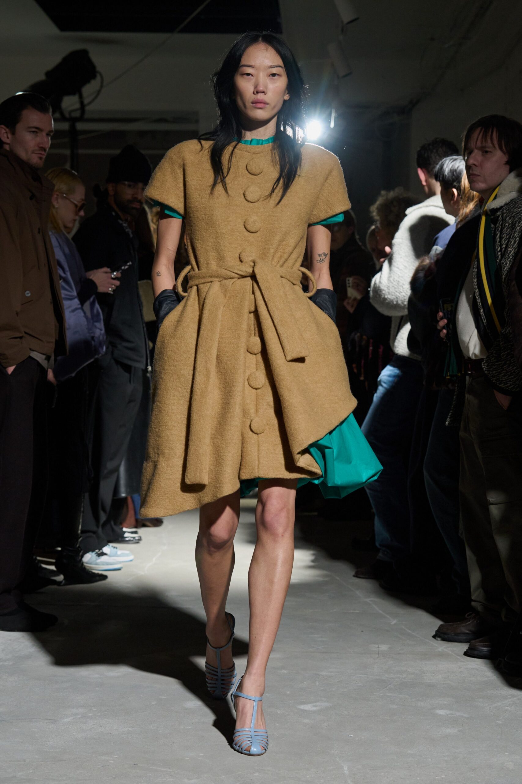 beige wool short-sleeve collared fitted buttoned belted dress