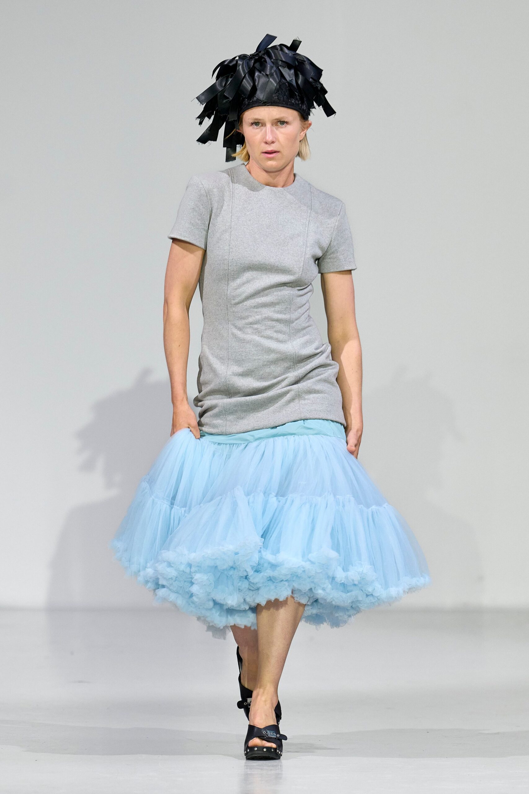 gray top blue tiered skirt