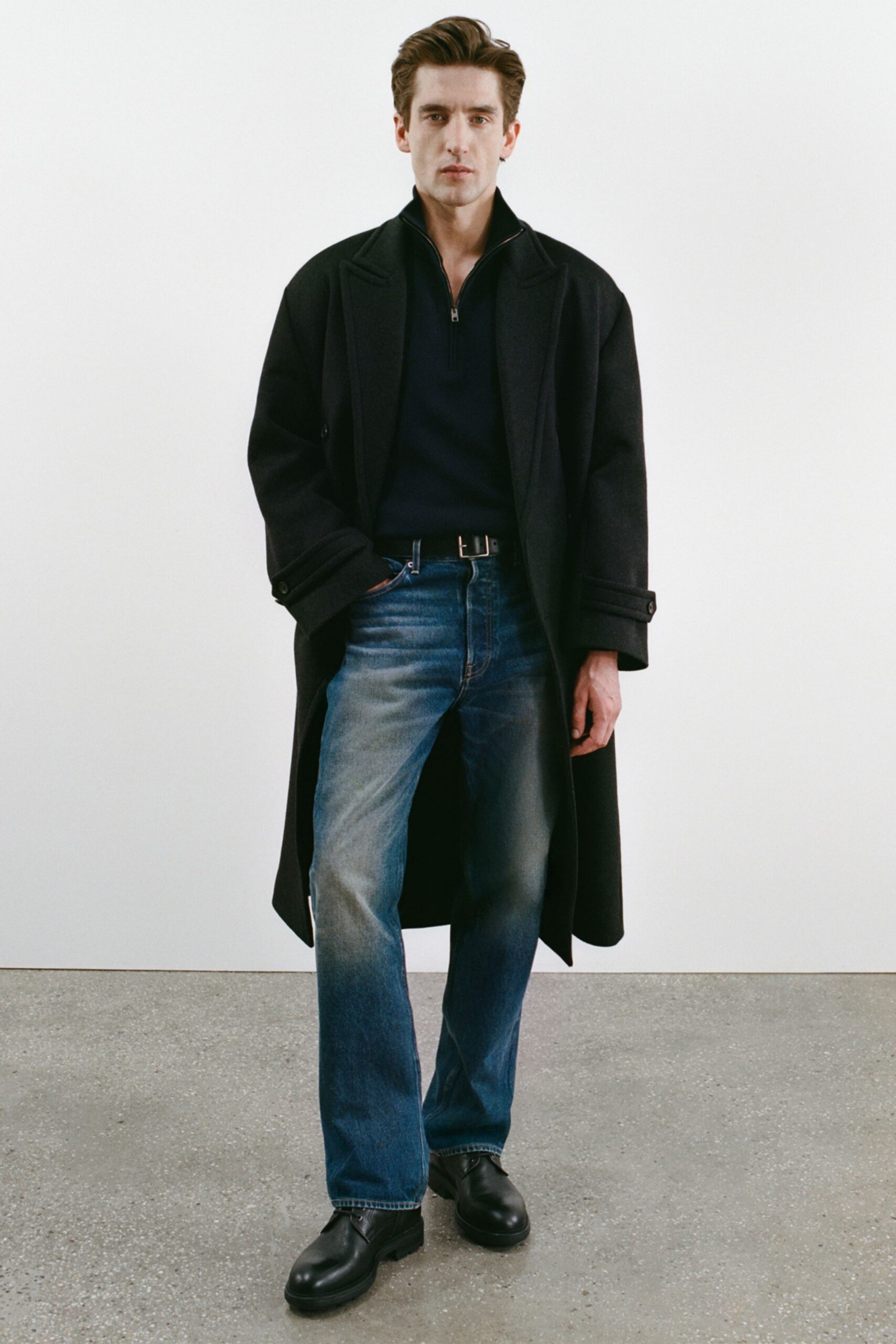 black wool coat with jeans