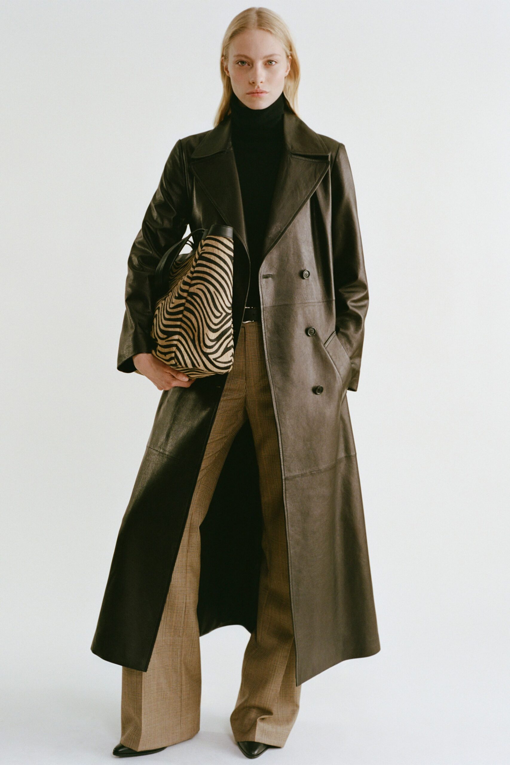 black leather long-sleeve collared fitted zippered maxi coat