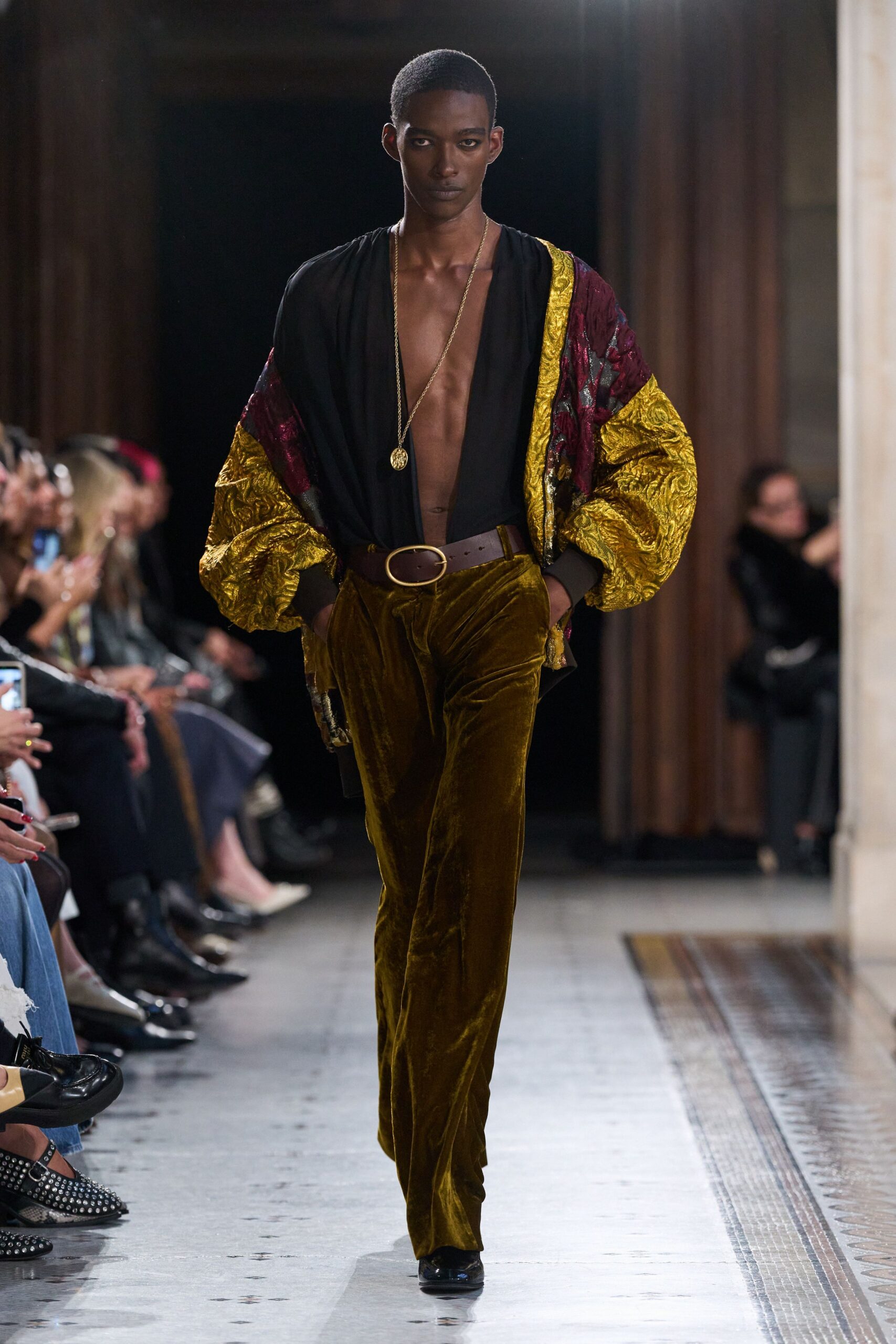 black silk top green velvet pants