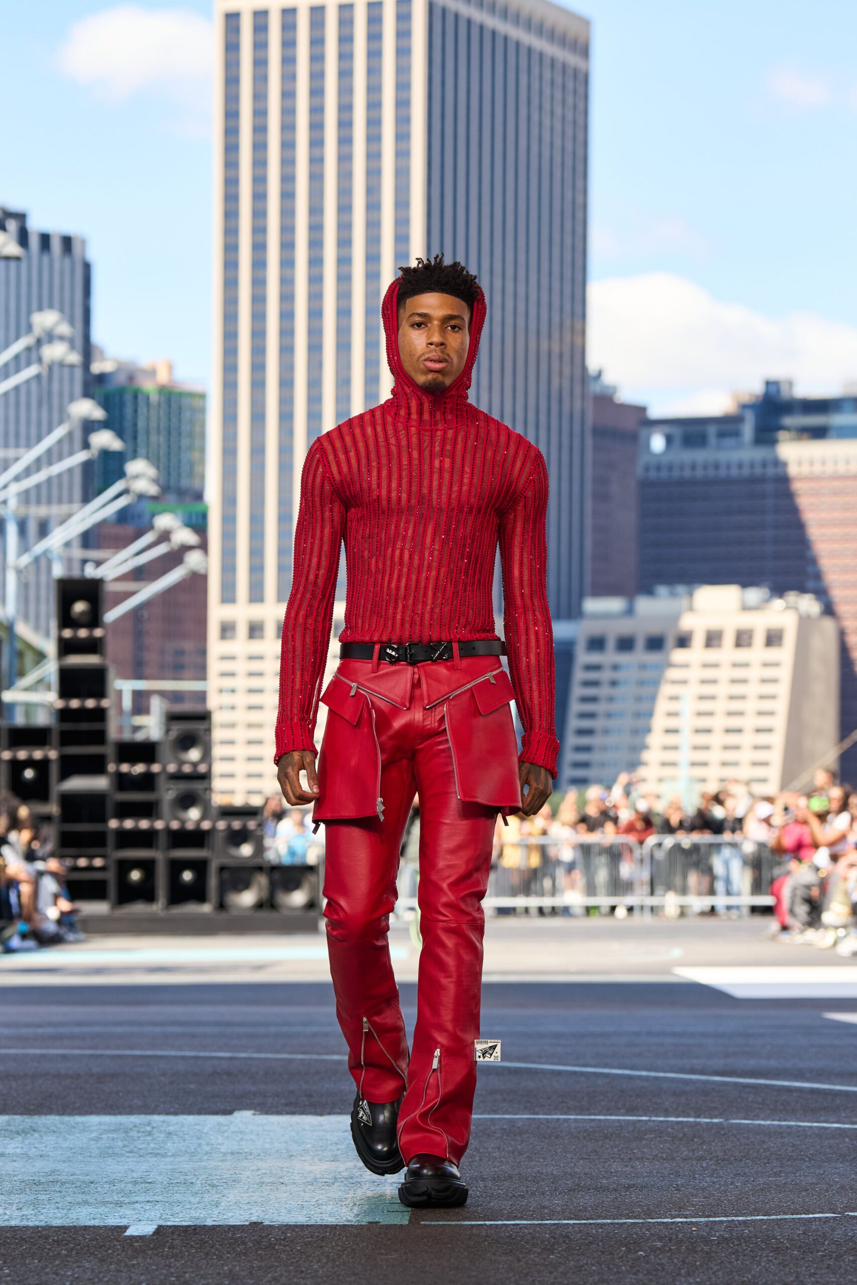 red knit long-sleeve hooded fitted ribbed top
