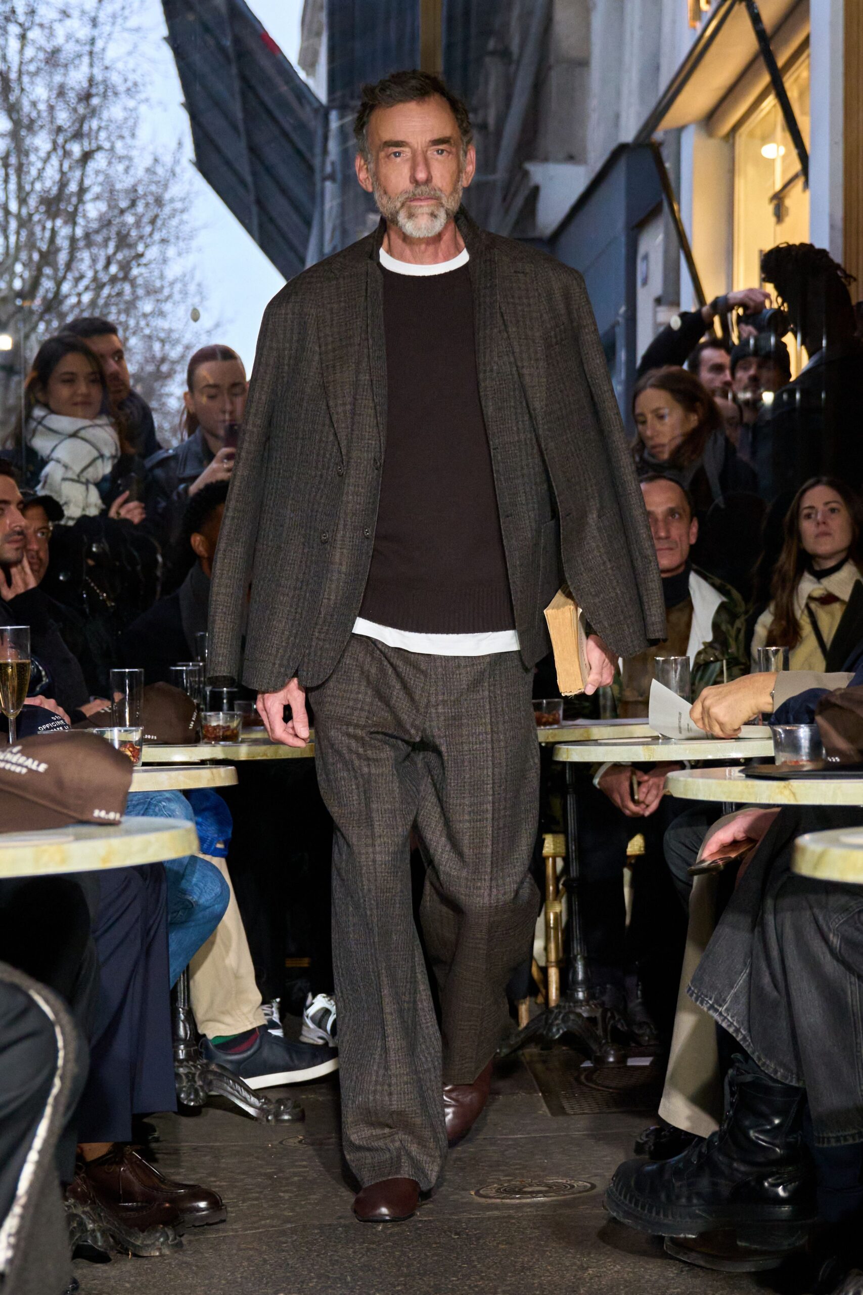 brown wool long-sleeve collared tailored checked suit