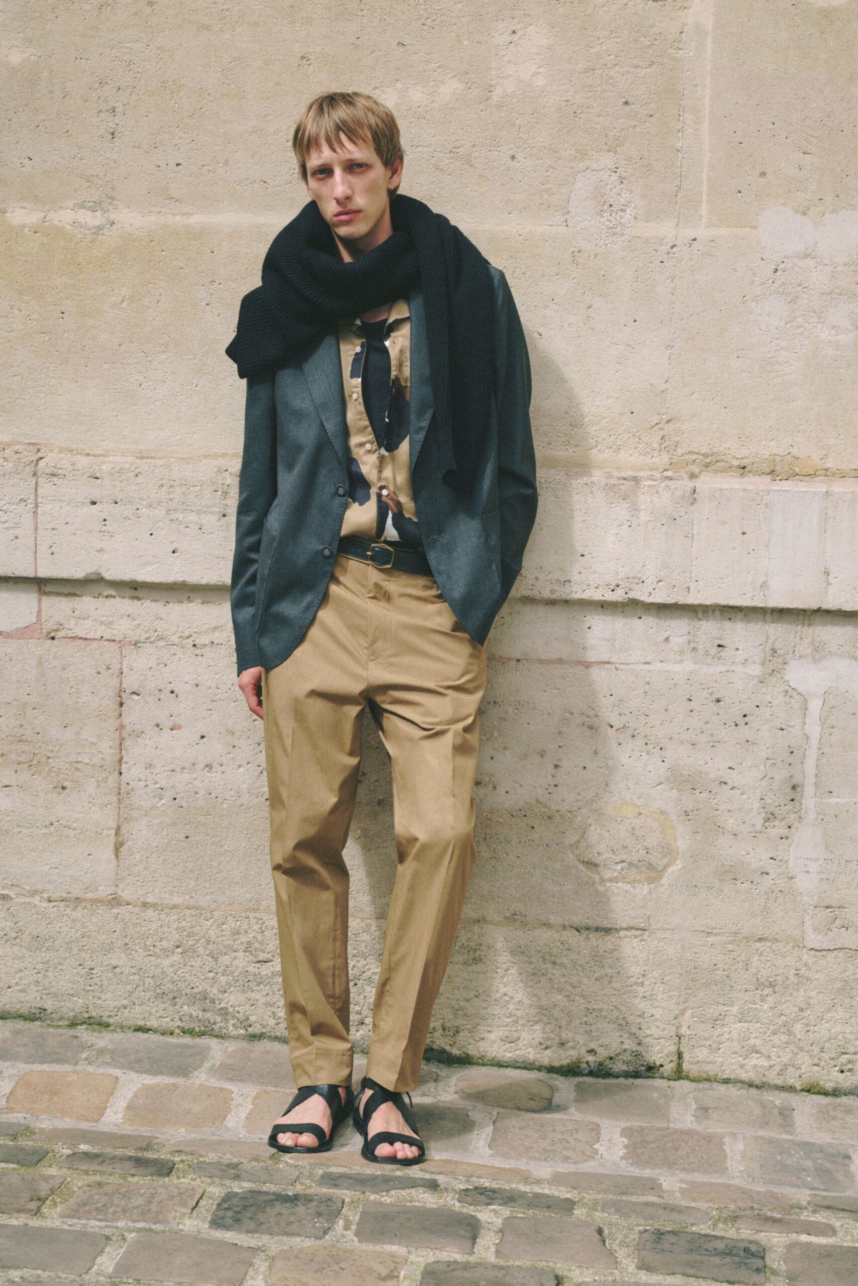 gray blazer beige shirt pants