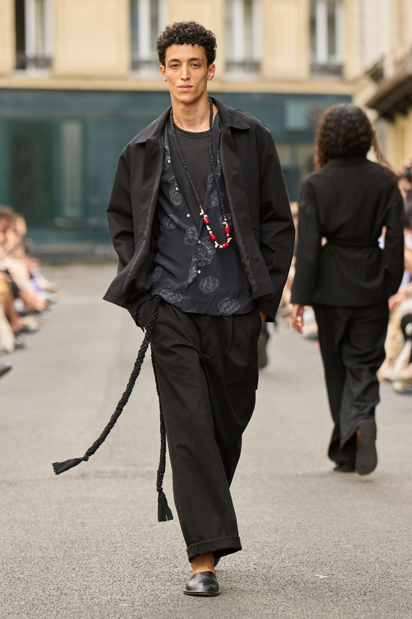 black relaxed jacket with blue shirt