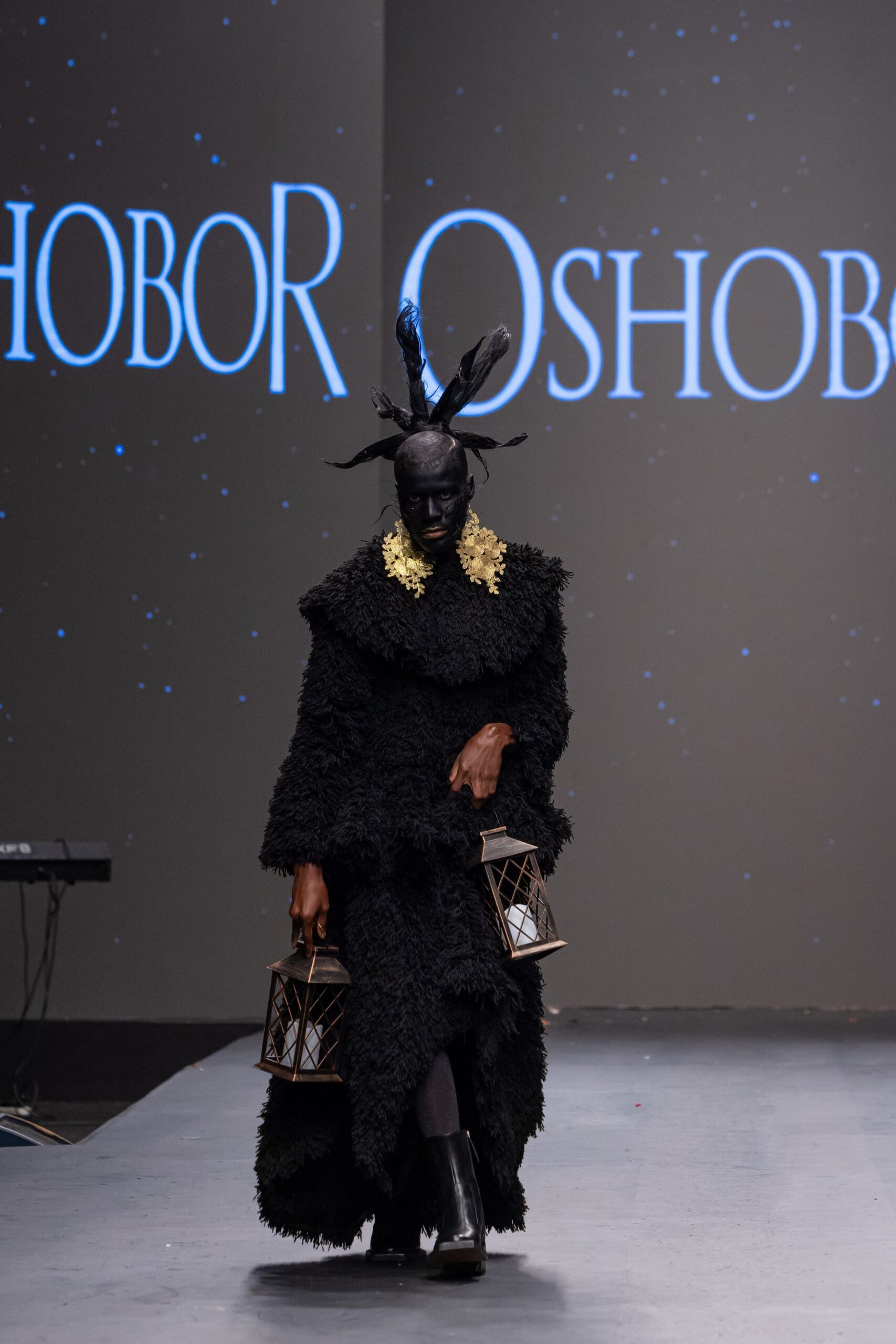 black fur coat with lanterns